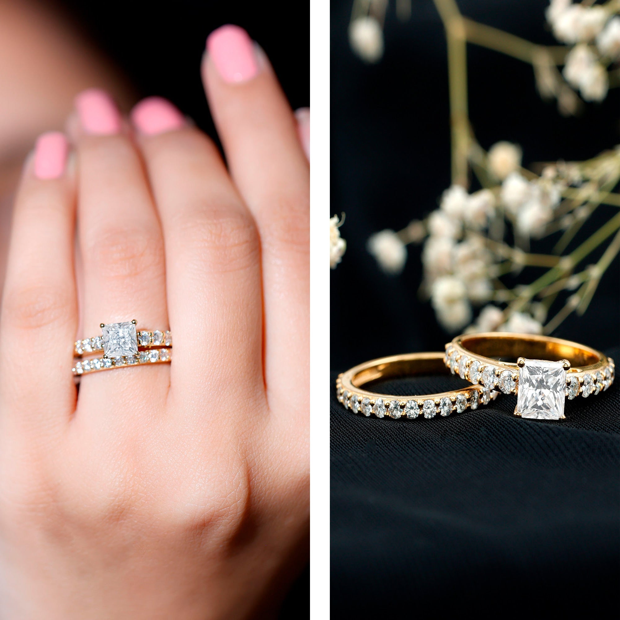 Lab Grown Diamond Ring – 1 Carat Princess Cut Engagement Ring with Half Eternity Band