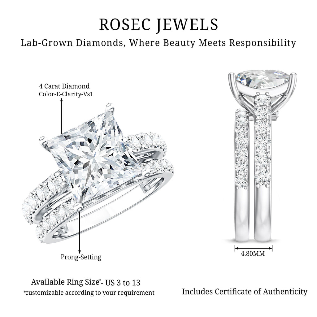Lab Grown Diamond Ring 4 Carat Princess Cut Bridal Ring Set – IGI Certified VS1 Clarity