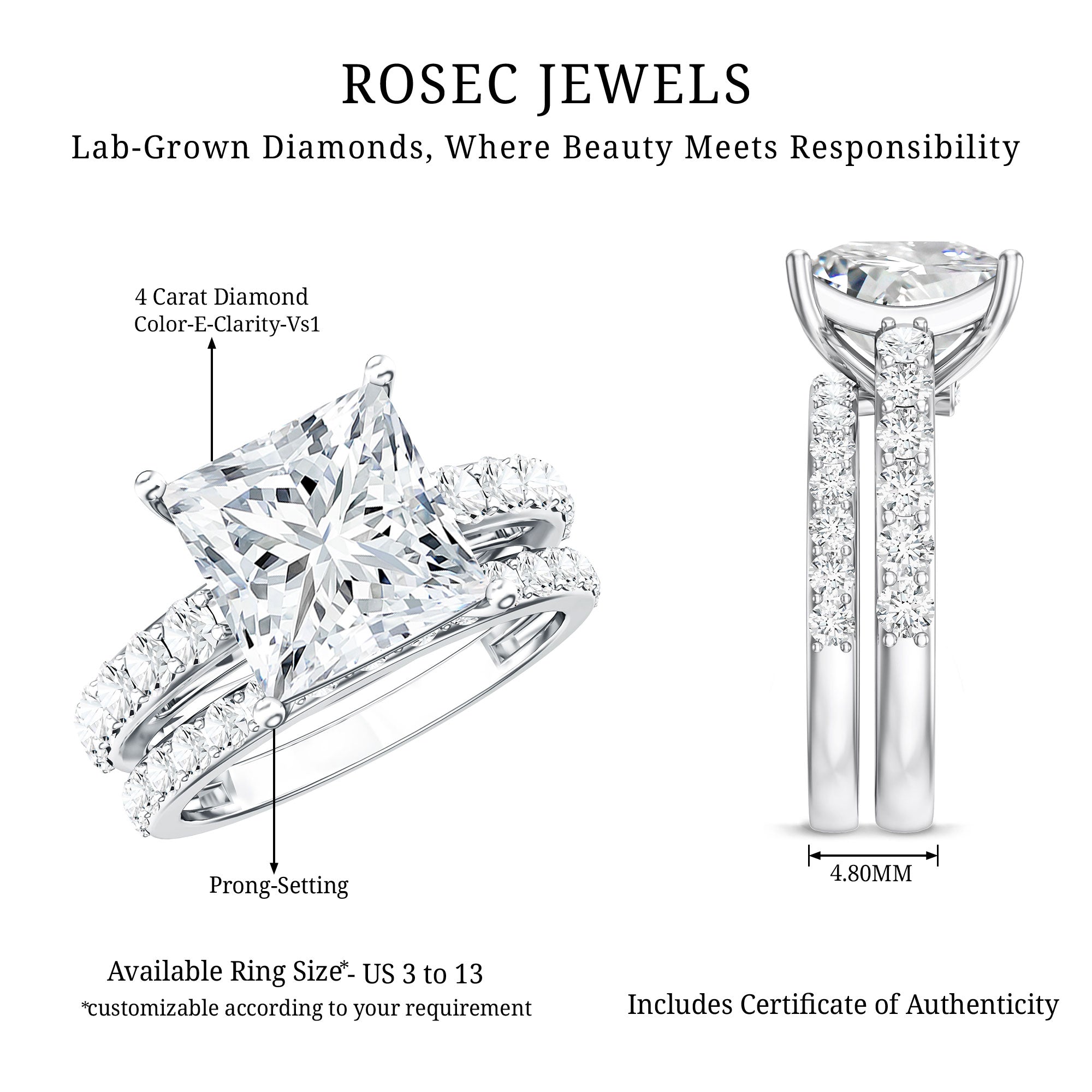 Lab Grown Diamond Ring 4 Carat Princess Cut Bridal Ring Set – IGI Certified VS1 Clarity