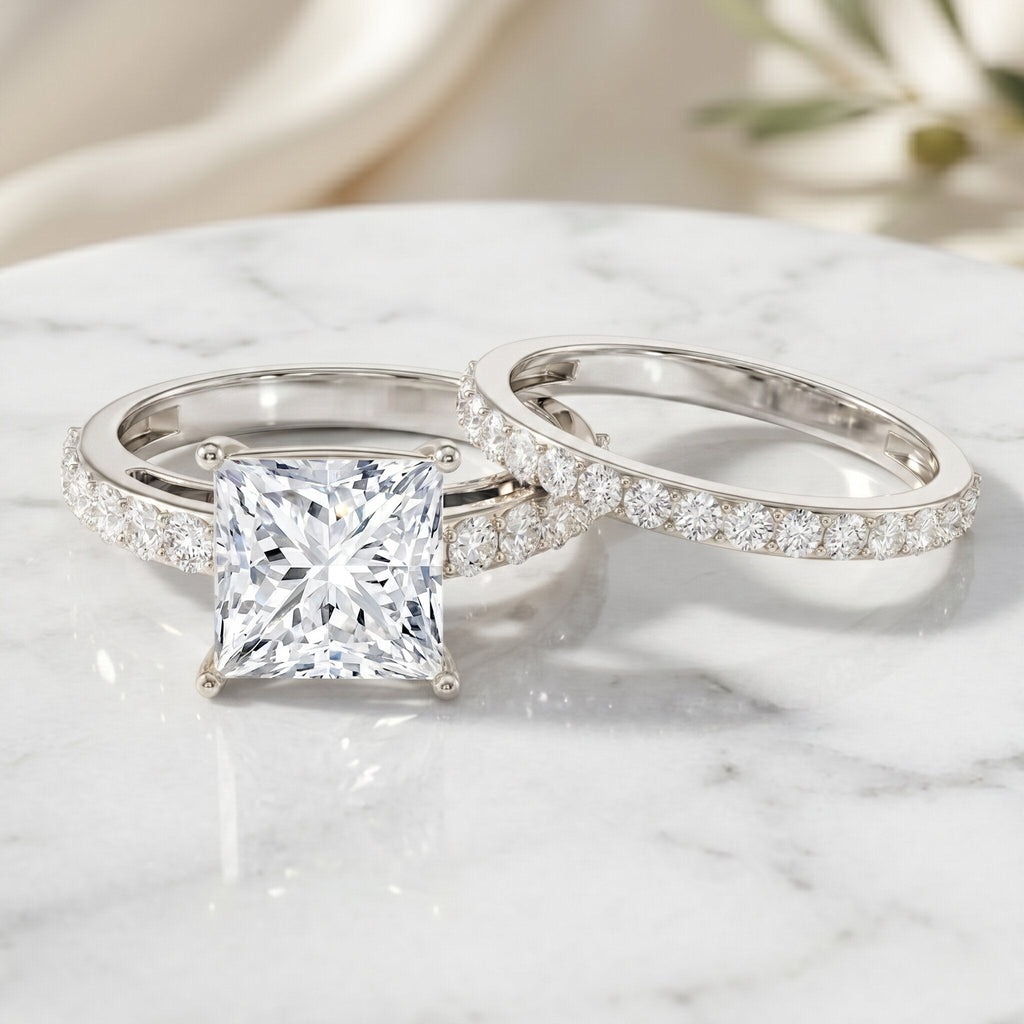 Lab Grown Diamond Ring 4 Carat Princess Cut Bridal Ring Set – IGI Certified VS1 Clarity