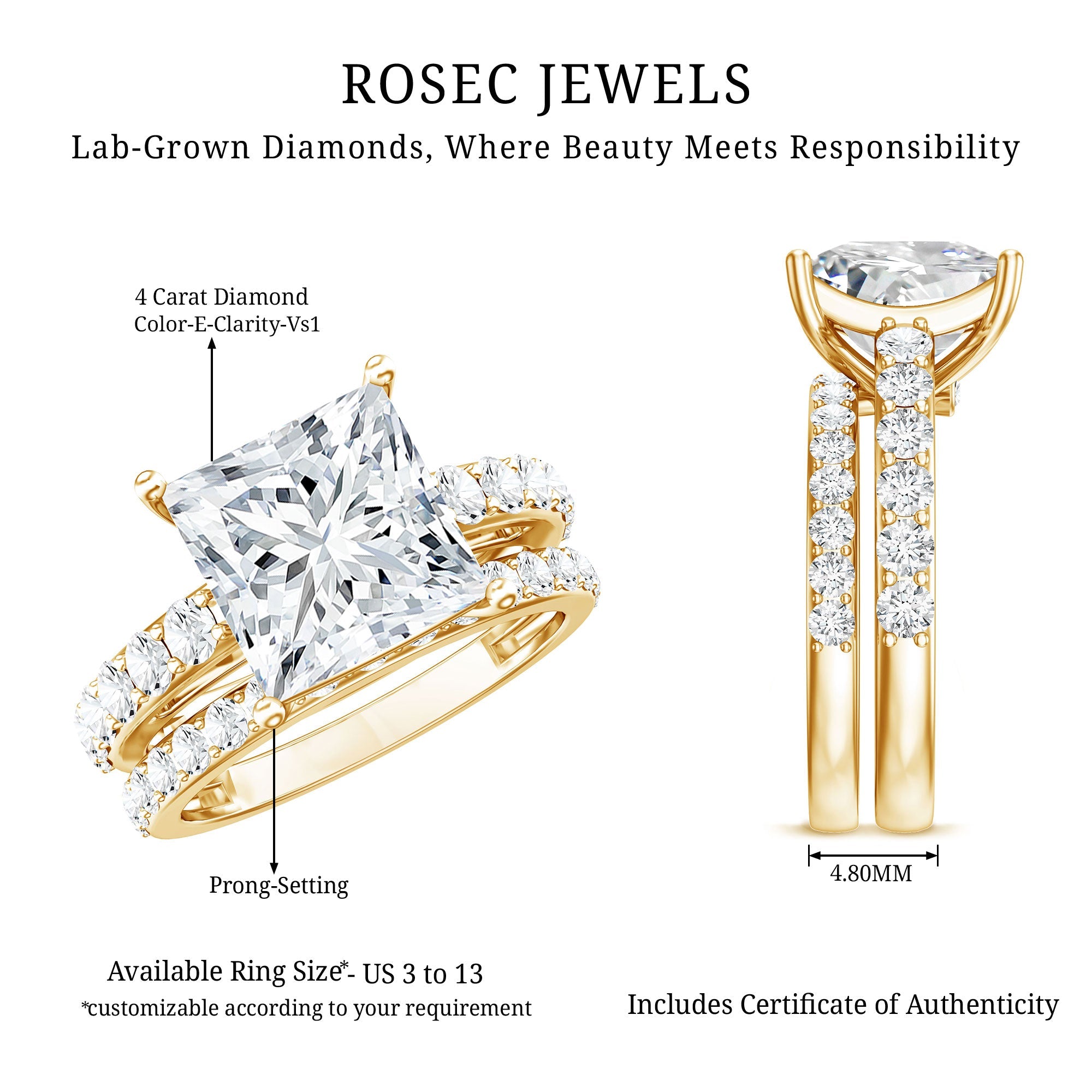 Lab Grown Diamond Ring 4 Carat Princess Cut Bridal Ring Set – IGI Certified VS1 Clarity