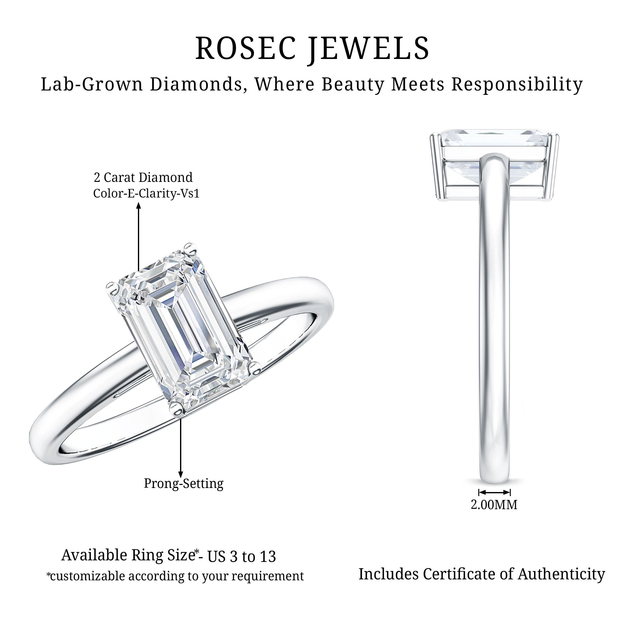 Emerald Cut Engagement Ring - 2 Carat Lab Grown Diamond, IGI Certified Solitaire