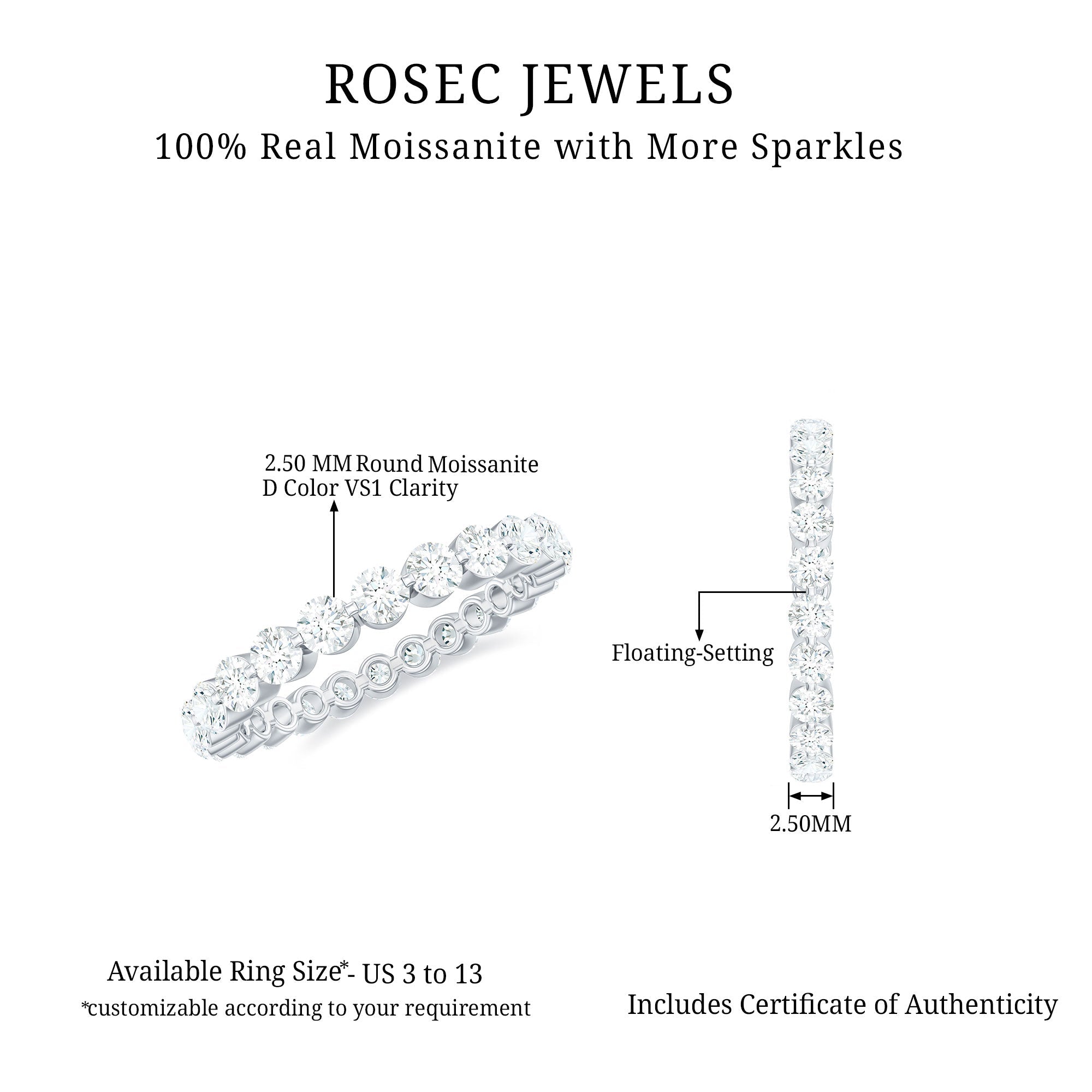 Moissanite Eternity Band – Round Cut Prong Setting Classic Wedding Anniversary Ring