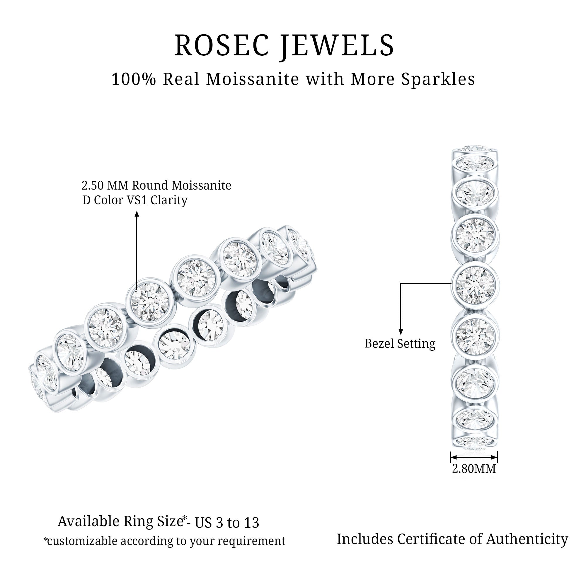 Moissanite Eternity Ring - Full Eternity Band With Bezel Set Round Brilliant Stones