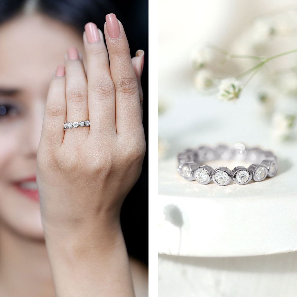 Moissanite Eternity Ring - Full Eternity Band With Bezel Set Round Brilliant Stones