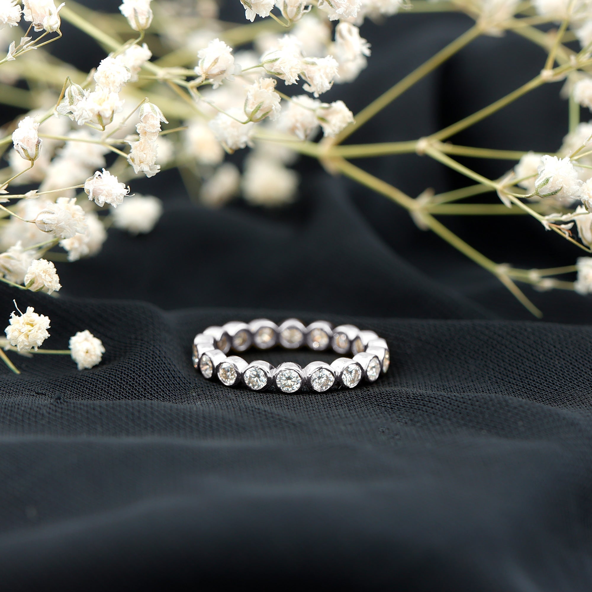 Moissanite Eternity Ring - Full Eternity Band With Bezel Set Round Brilliant Stones