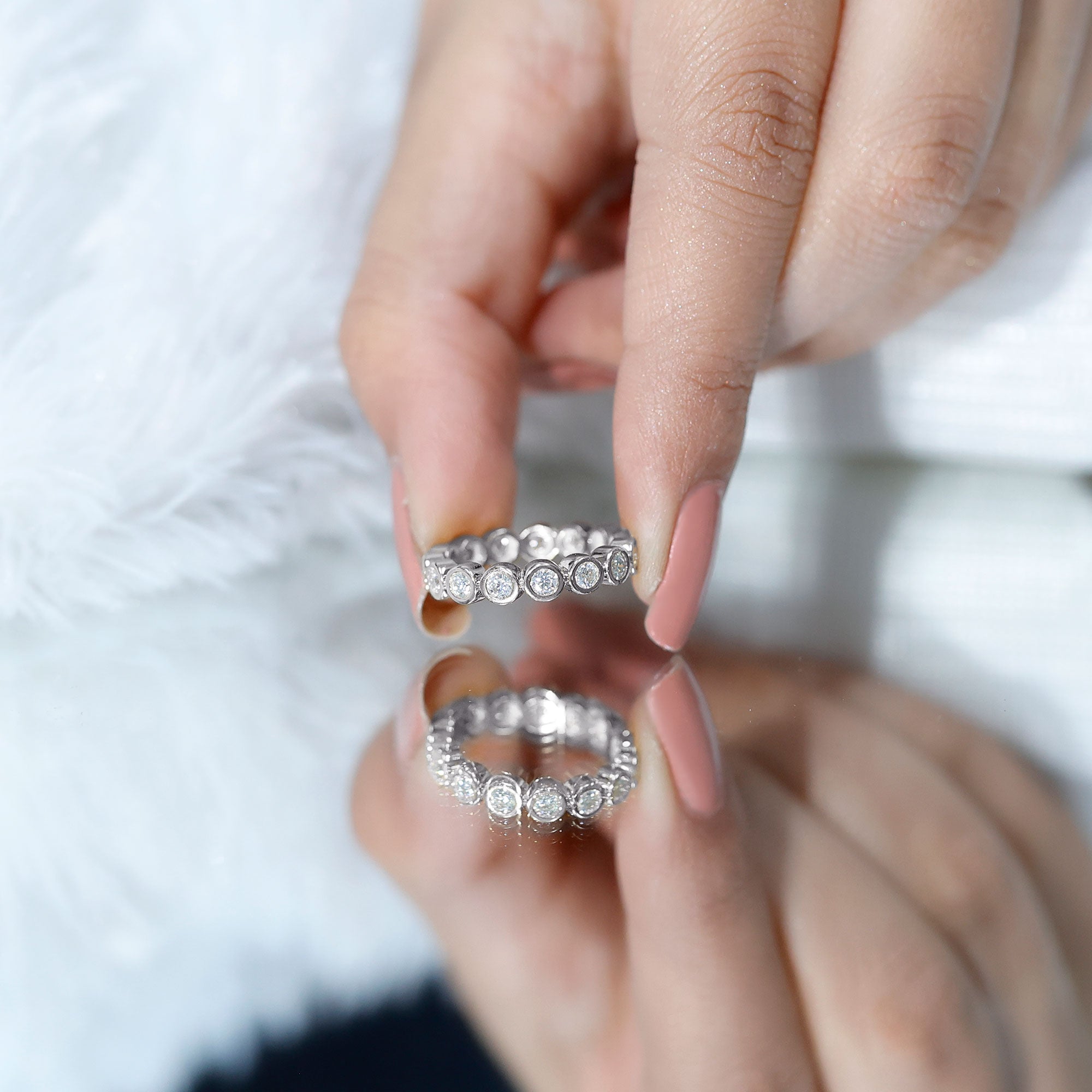 Moissanite Eternity Ring - Full Eternity Band With Bezel Set Round Brilliant Stones