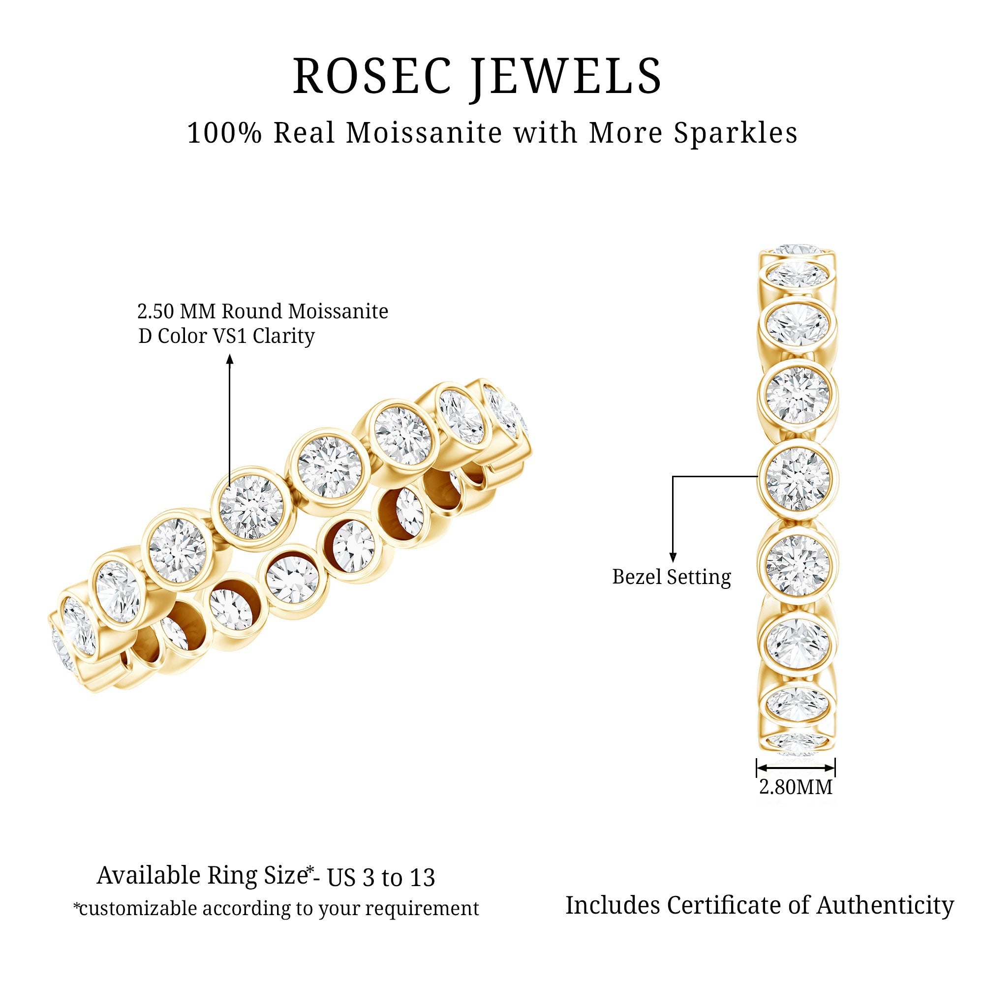 Moissanite Eternity Ring - Full Eternity Band With Bezel Set Round Brilliant Stones