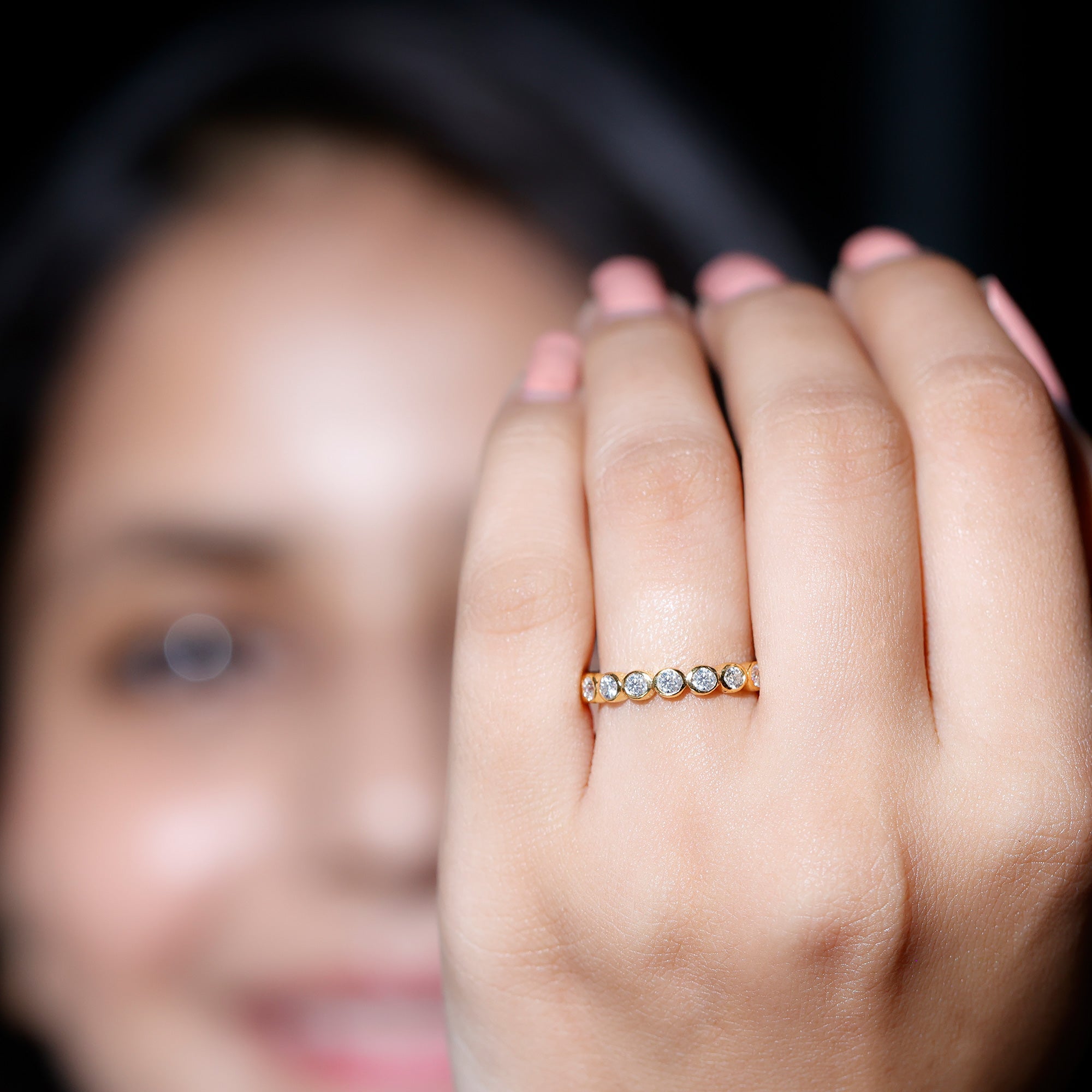 Moissanite Eternity Ring - Full Eternity Band With Bezel Set Round Brilliant Stones