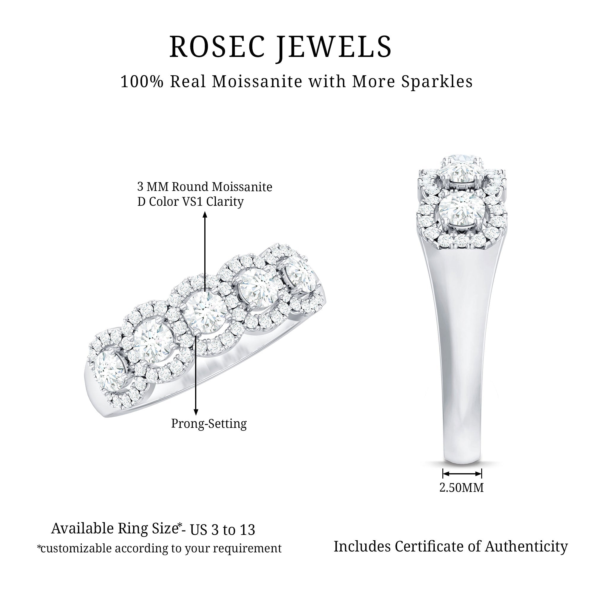 Round Cut Moissanite 5 Stone Anniversary Ring with Halo