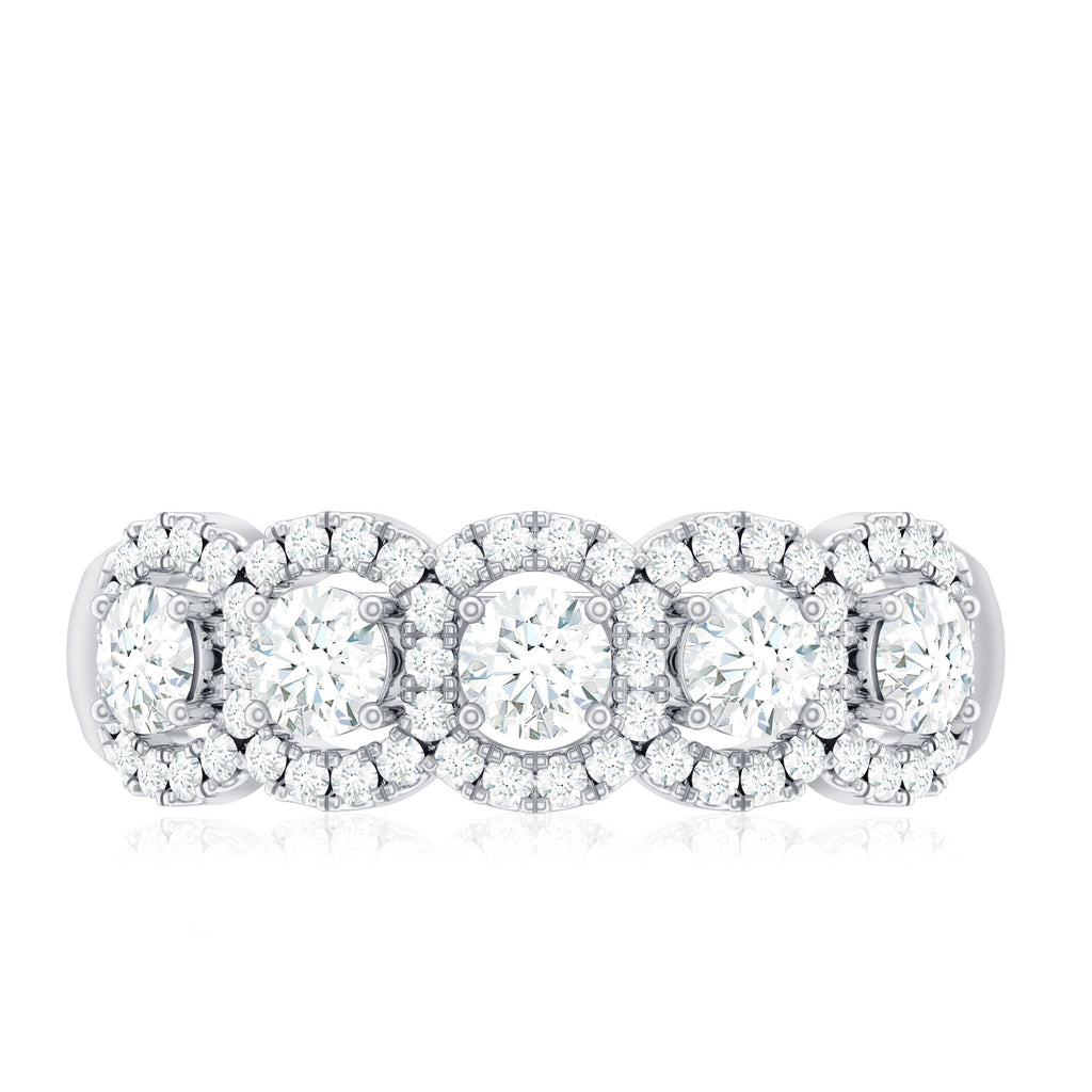 Round Cut Moissanite 5 Stone Anniversary Ring with Halo