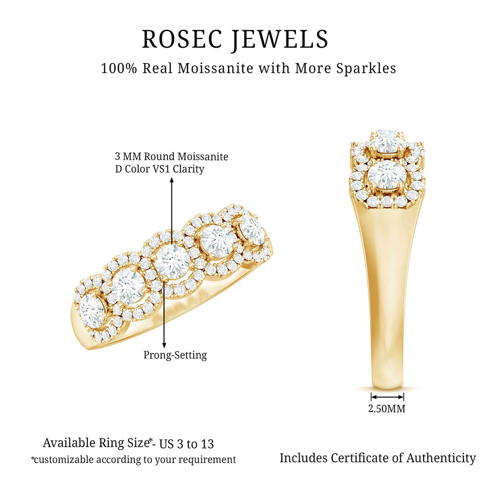 Round Cut Moissanite 5 Stone Anniversary Ring with Halo