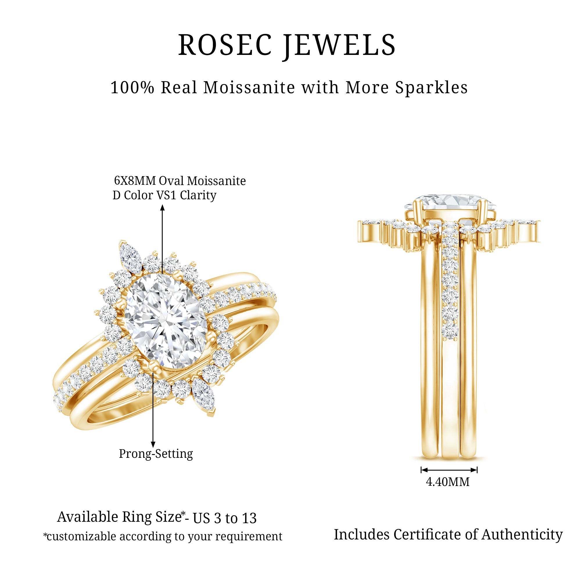 Certified Moissanite Oval Engagement Ring Set With Wedding Bands