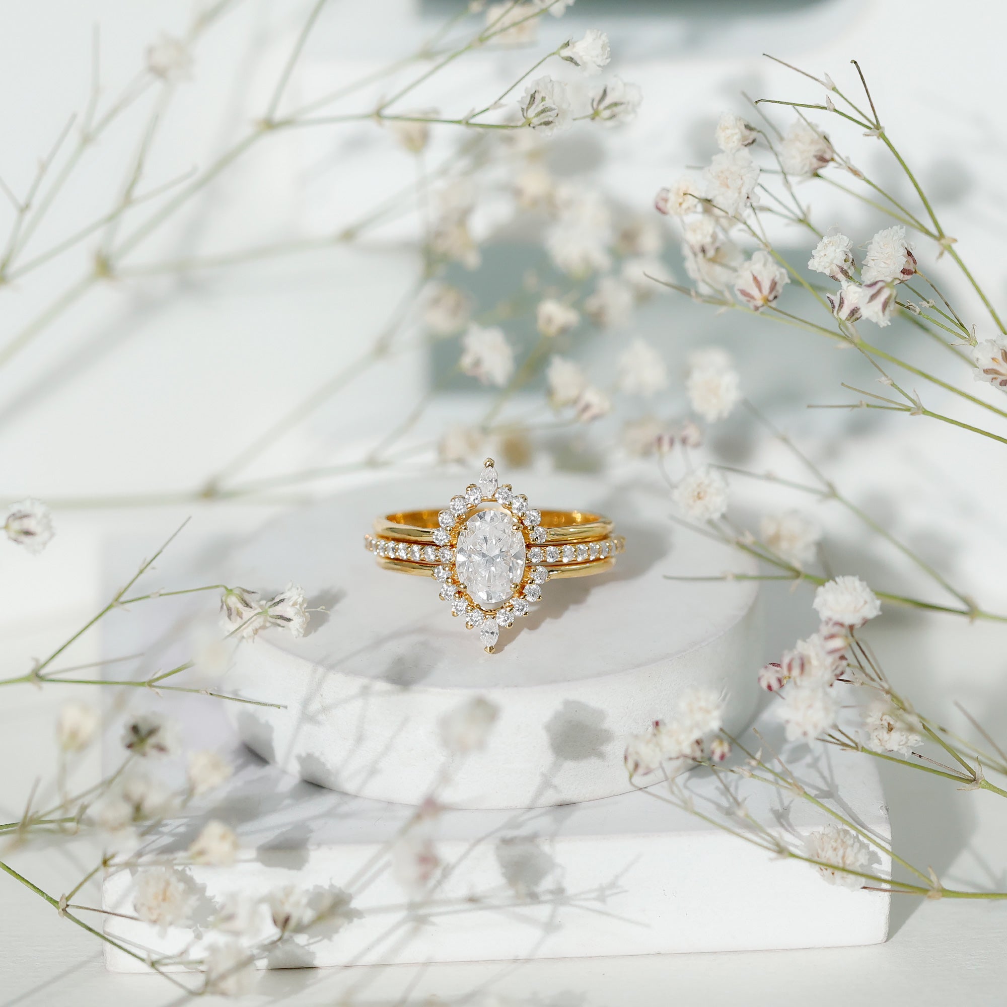 Certified Moissanite Oval Engagement Ring Set With Wedding Bands