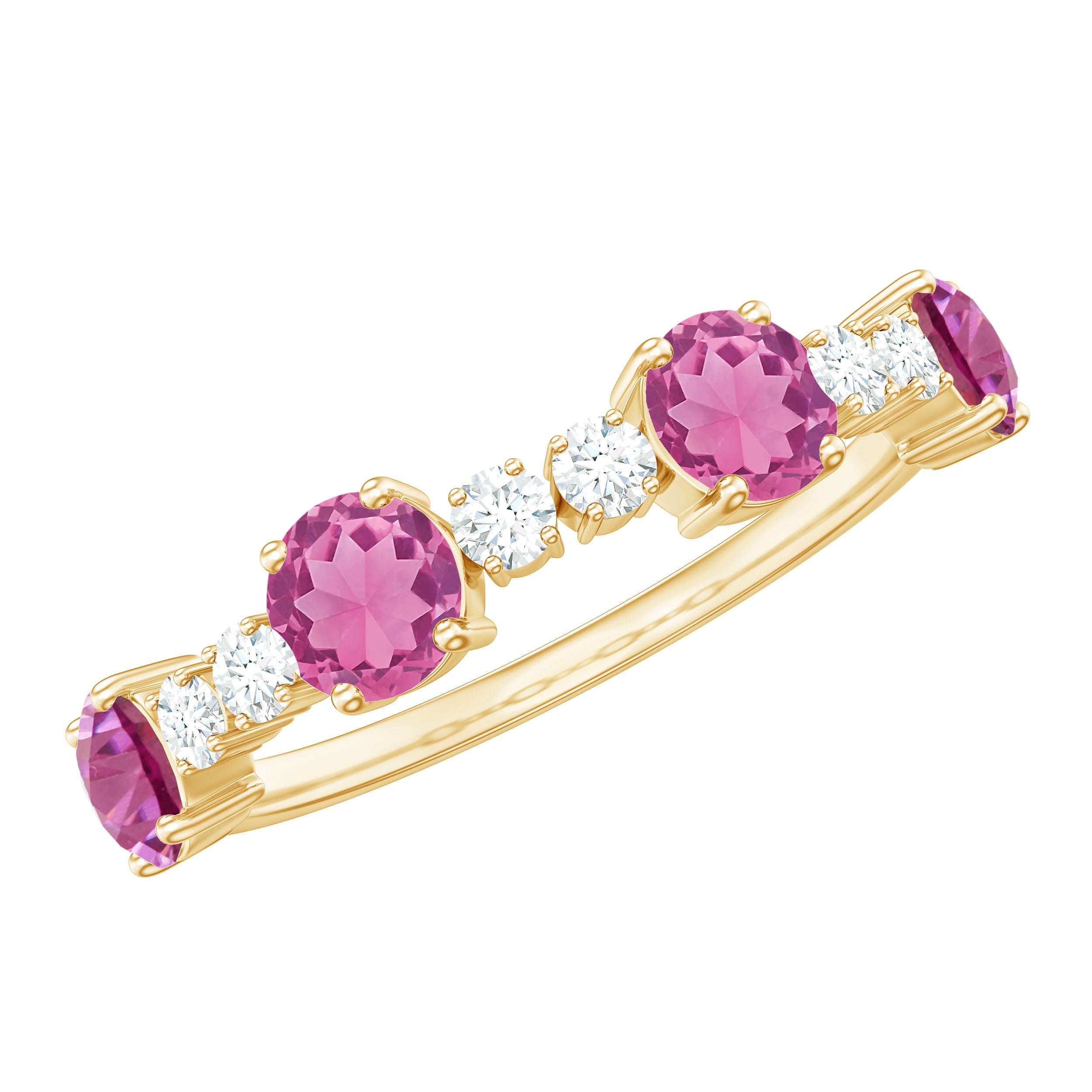 Semi Eternity Ring | Pink Tourmaline & Diamond Gemstone Prong Setting Band