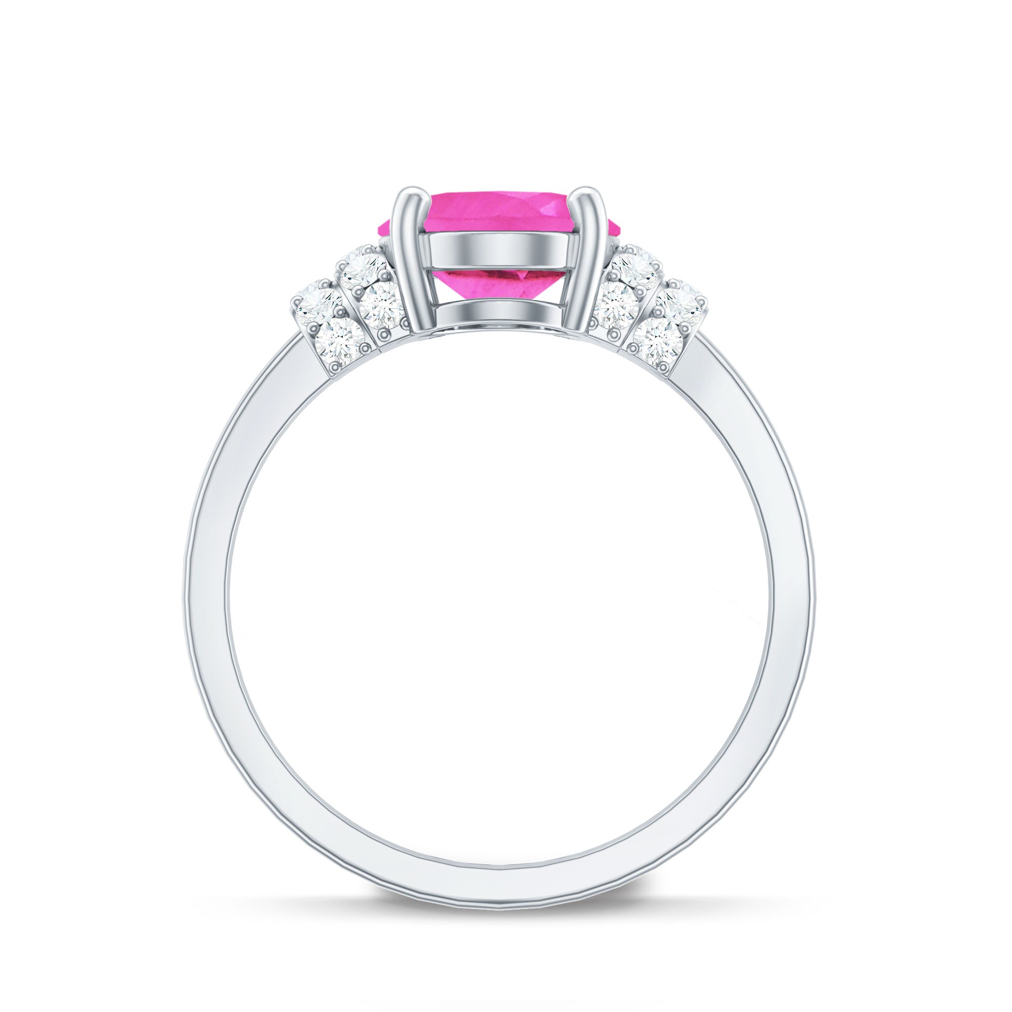 Created pink sapphire oval engagement ring with diamond accents on a silver band