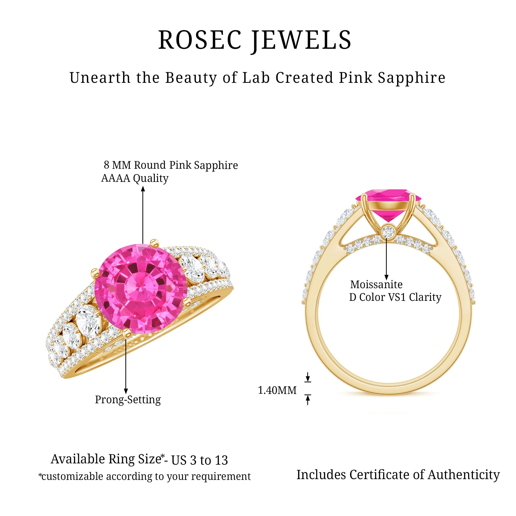 Created Pink Sapphire Engagement Ring with Moissanite Side Stones