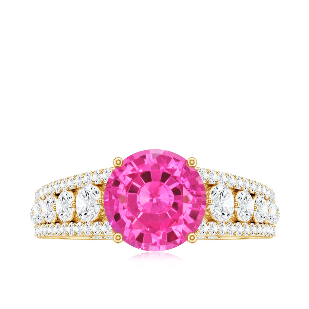 Created Pink Sapphire Engagement Ring with Moissanite Side Stones