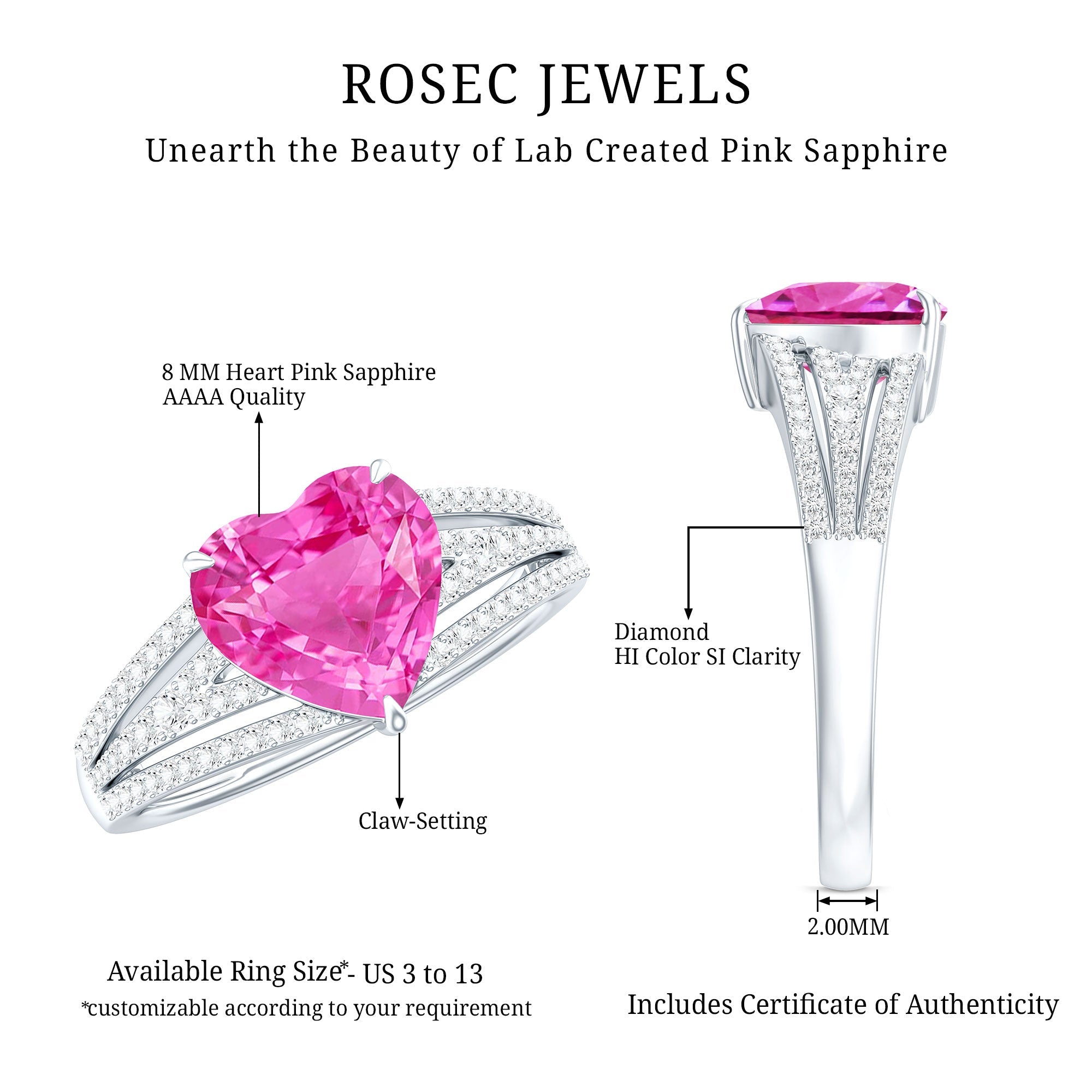 2 Carat Lab Created Pink Sapphire Heart Engagement Ring with Diamond