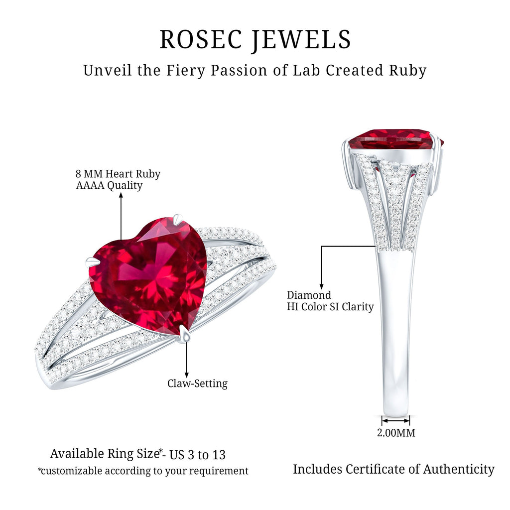 Ruby Engagement Ring – Heart Shape Lab Created Ruby with Round Diamond Accents