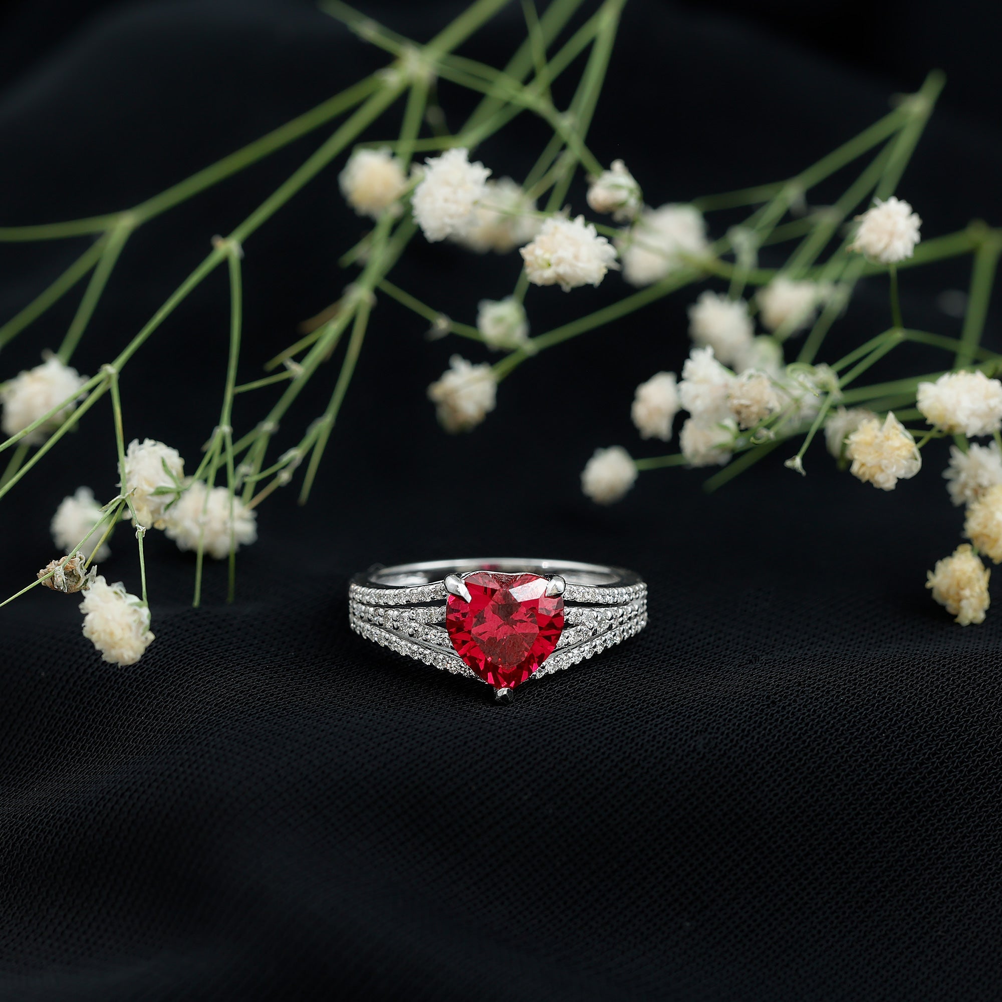 Ruby Engagement Ring – Heart Shape Lab Created Ruby with Round Diamond Accents