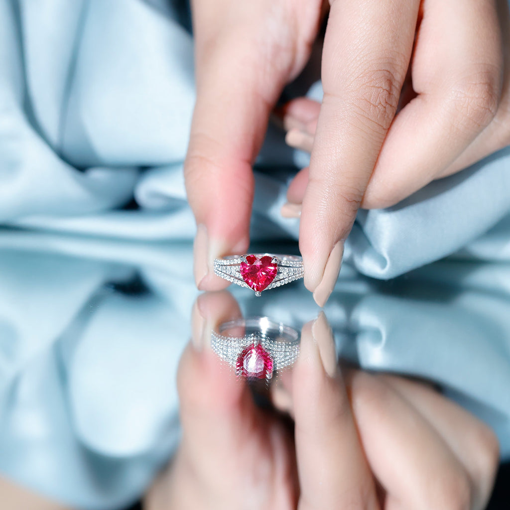 Ruby Engagement Ring – Heart Shape Lab Created Ruby with Round Diamond Accents