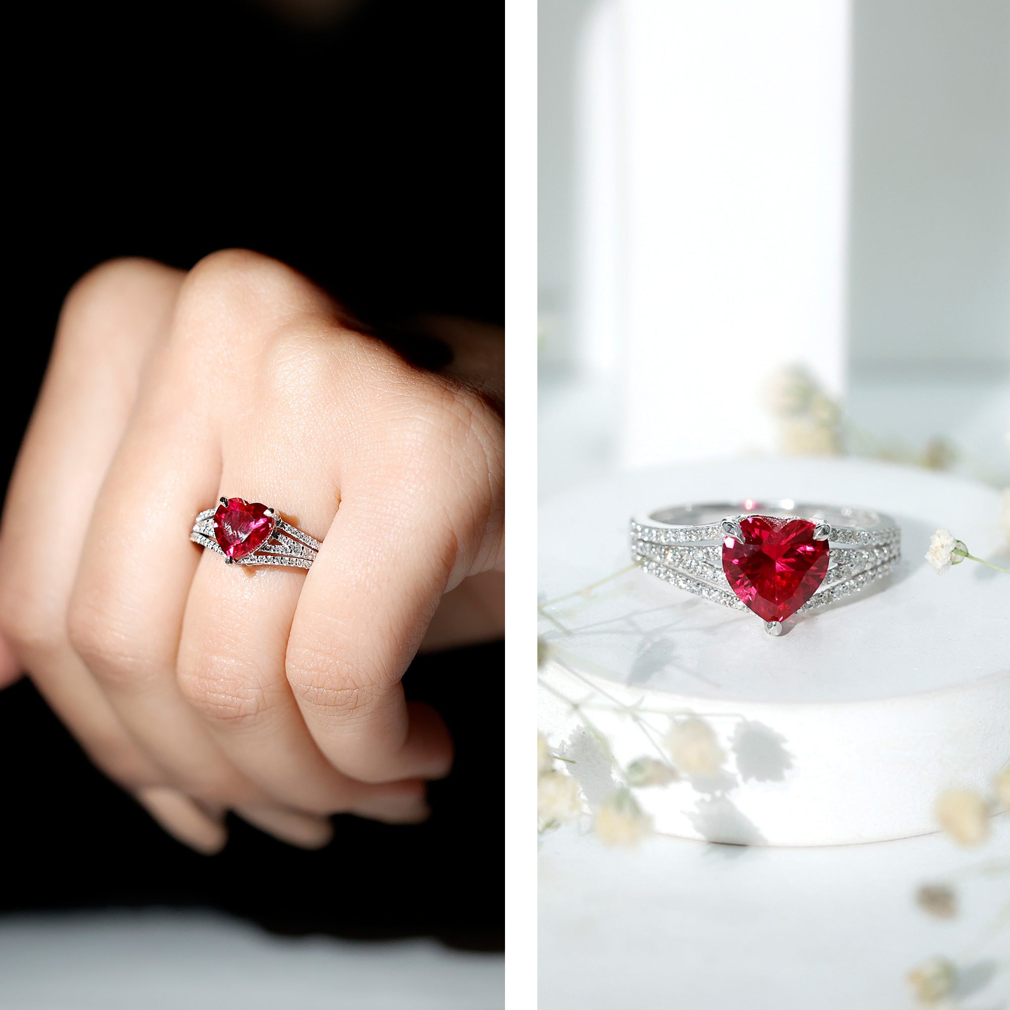 Ruby Engagement Ring – Heart Shape Lab Created Ruby with Round Diamond Accents