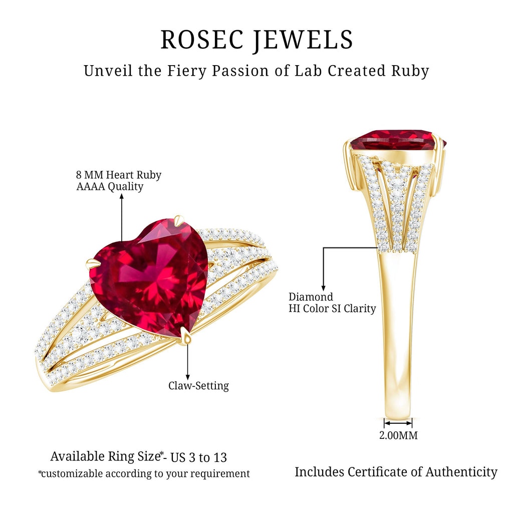 Ruby Engagement Ring – Heart Shape Lab Created Ruby with Round Diamond Accents
