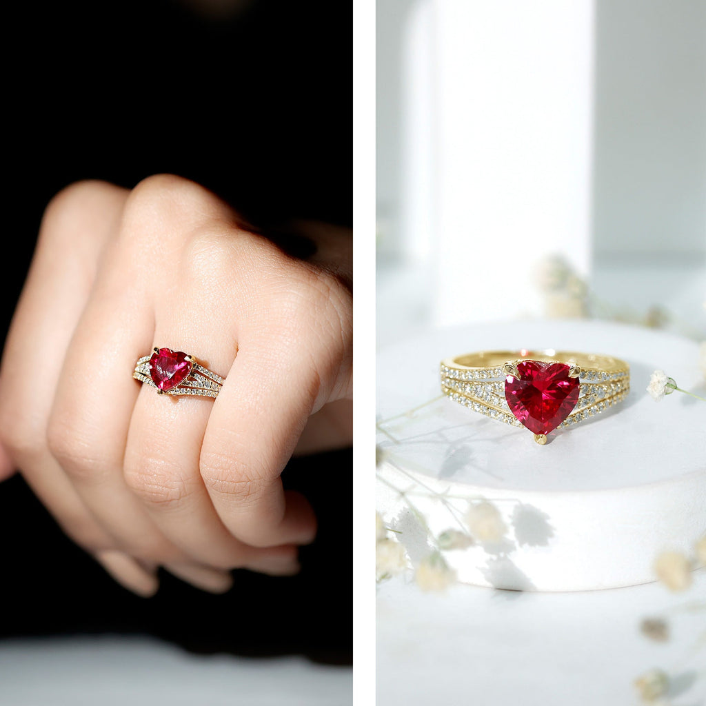 Ruby Engagement Ring – Heart Shape Lab Created Ruby with Round Diamond Accents