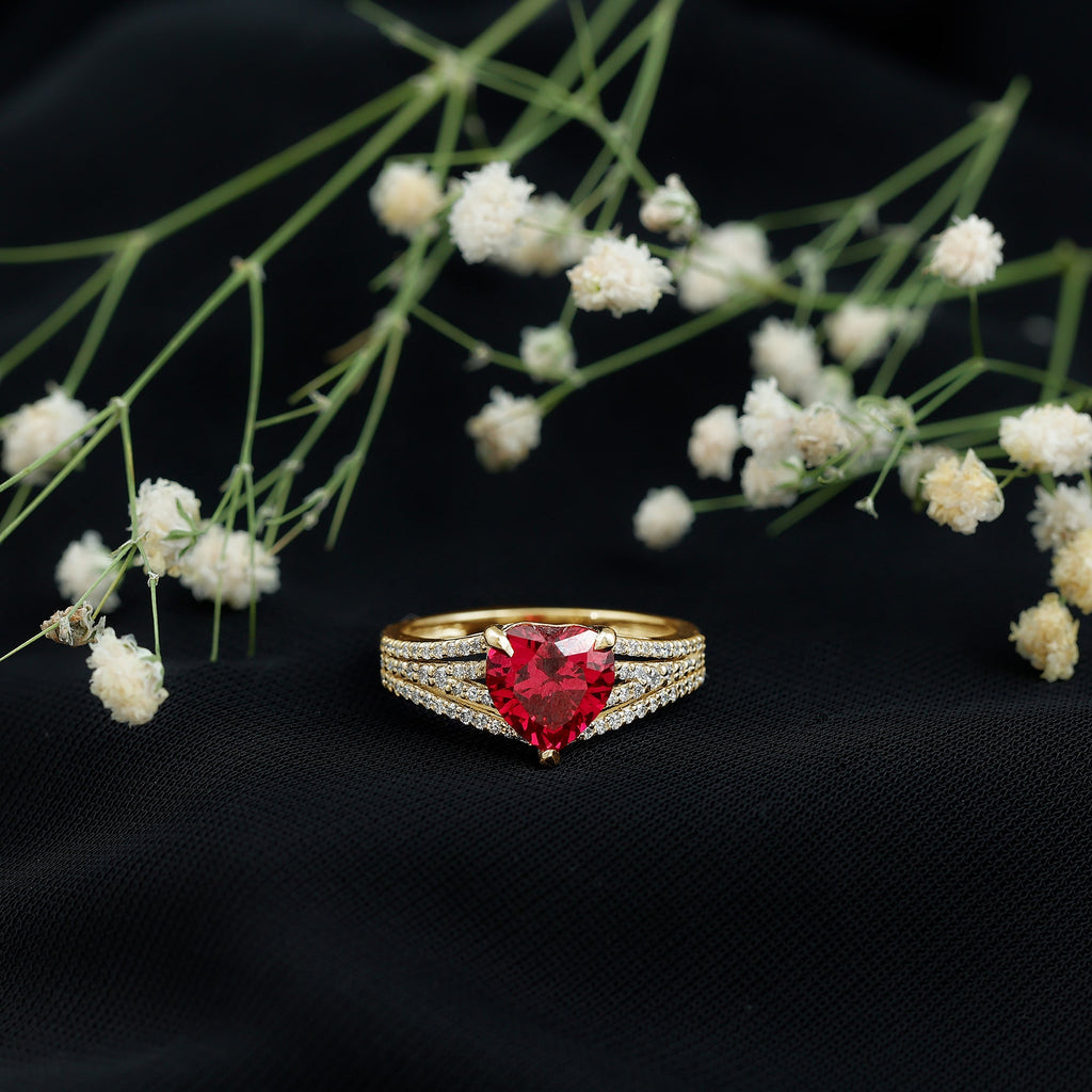 Ruby Engagement Ring – Heart Shape Lab Created Ruby with Round Diamond Accents