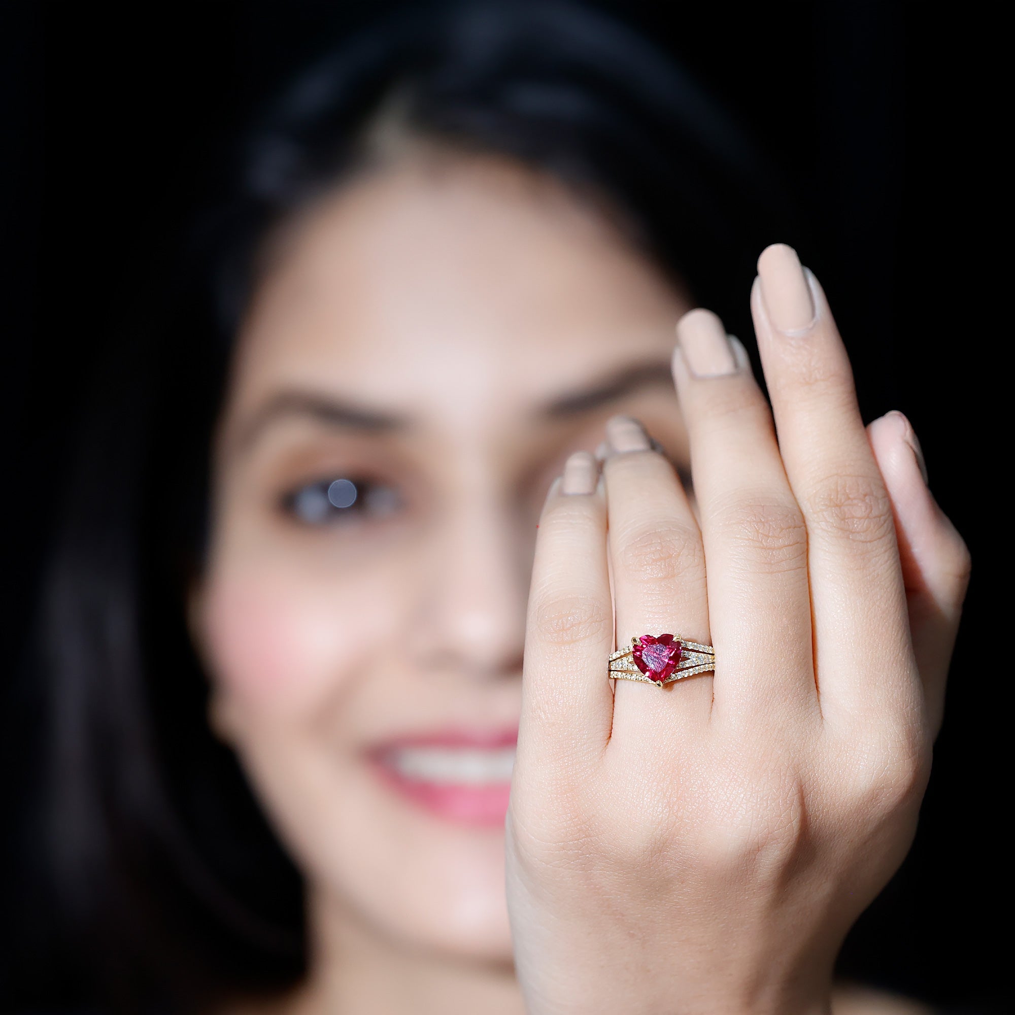 Ruby Engagement Ring – Heart Shape Lab Created Ruby with Round Diamond Accents