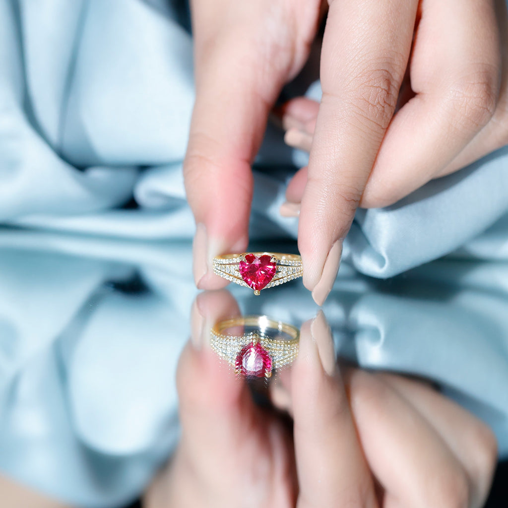 Ruby Engagement Ring – Heart Shape Lab Created Ruby with Round Diamond Accents