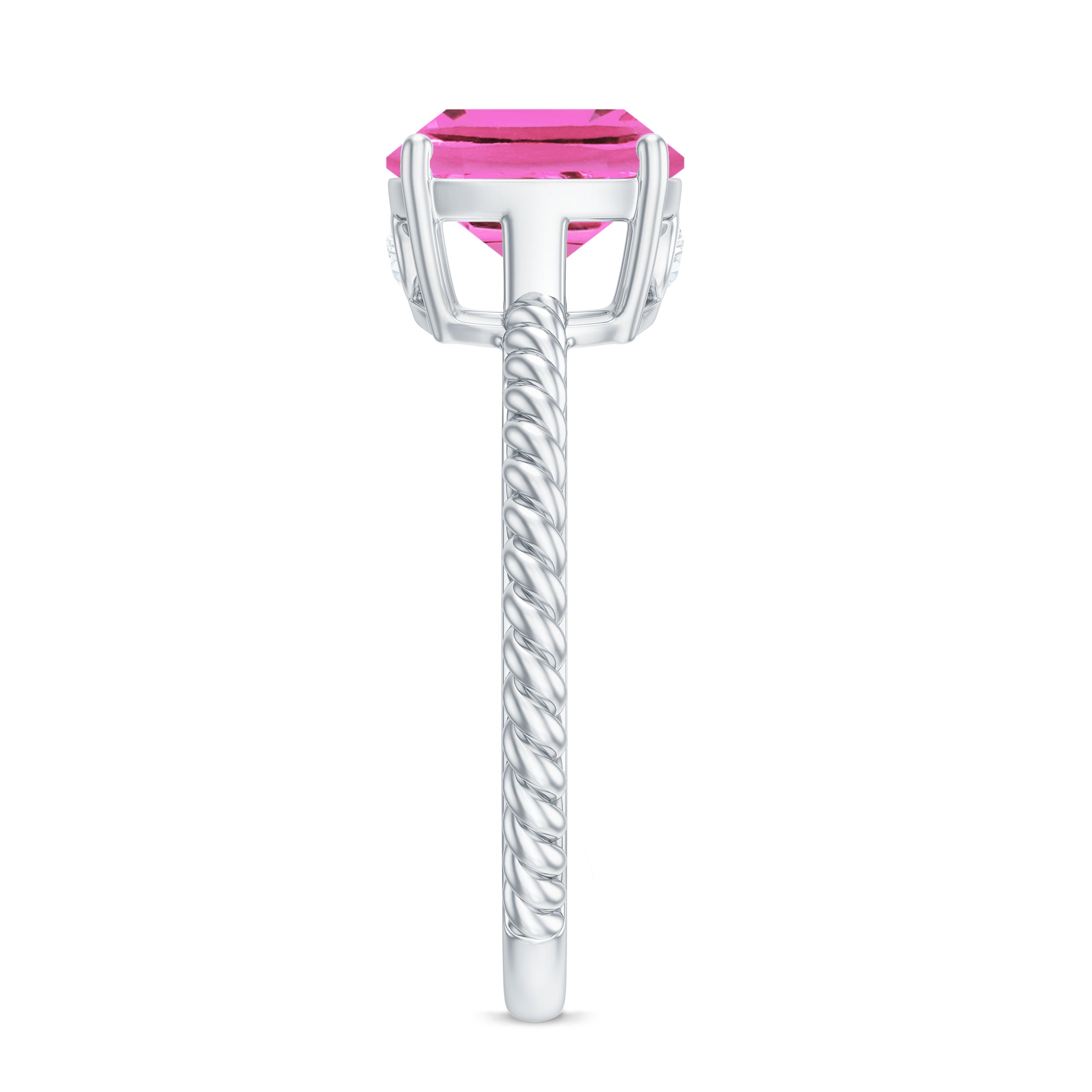 Side view of a created pink sapphire solitaire engagement ring with a twisted rope band