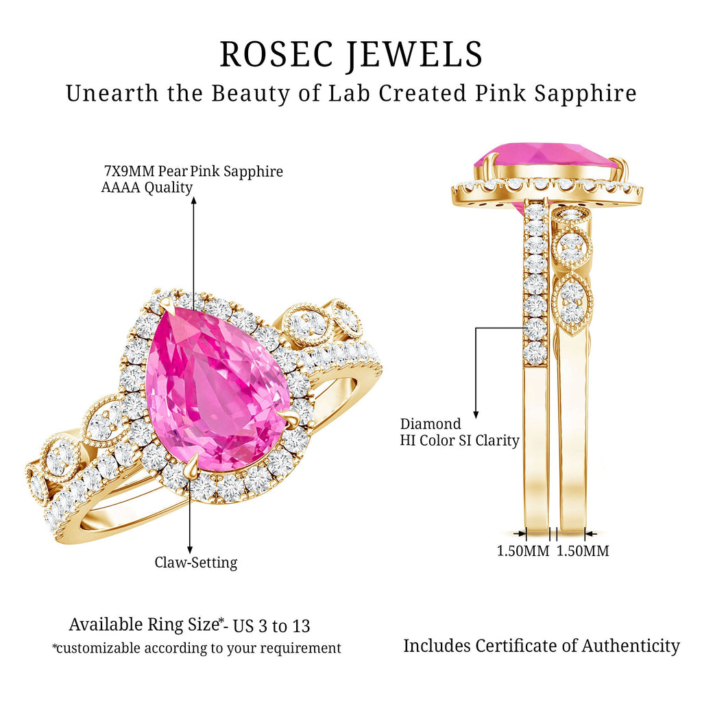 Lab Grown Pink Sapphire Pear Shaped Engagement Ring Set