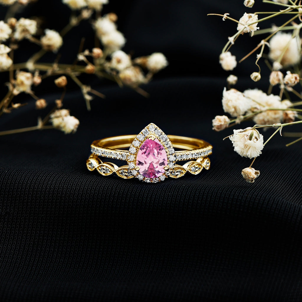 Lab Grown Pink Sapphire Pear Shaped Engagement Ring Set