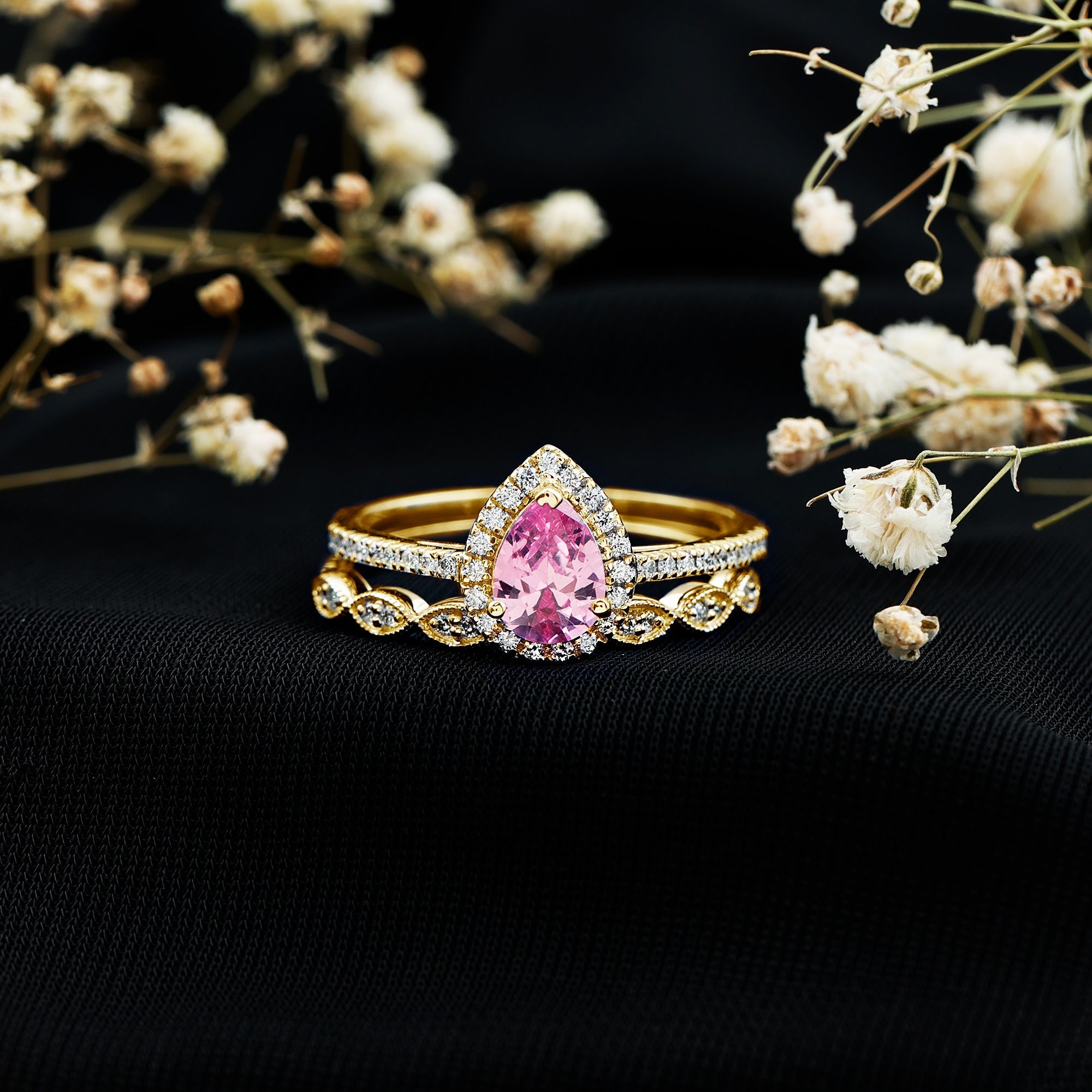 Lab Grown Pink Sapphire Pear Shaped Engagement Ring Set