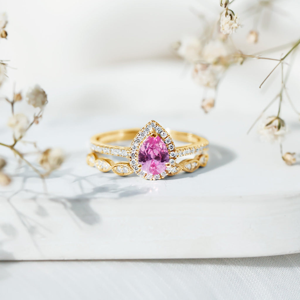 Lab Grown Pink Sapphire Pear Shaped Engagement Ring Set