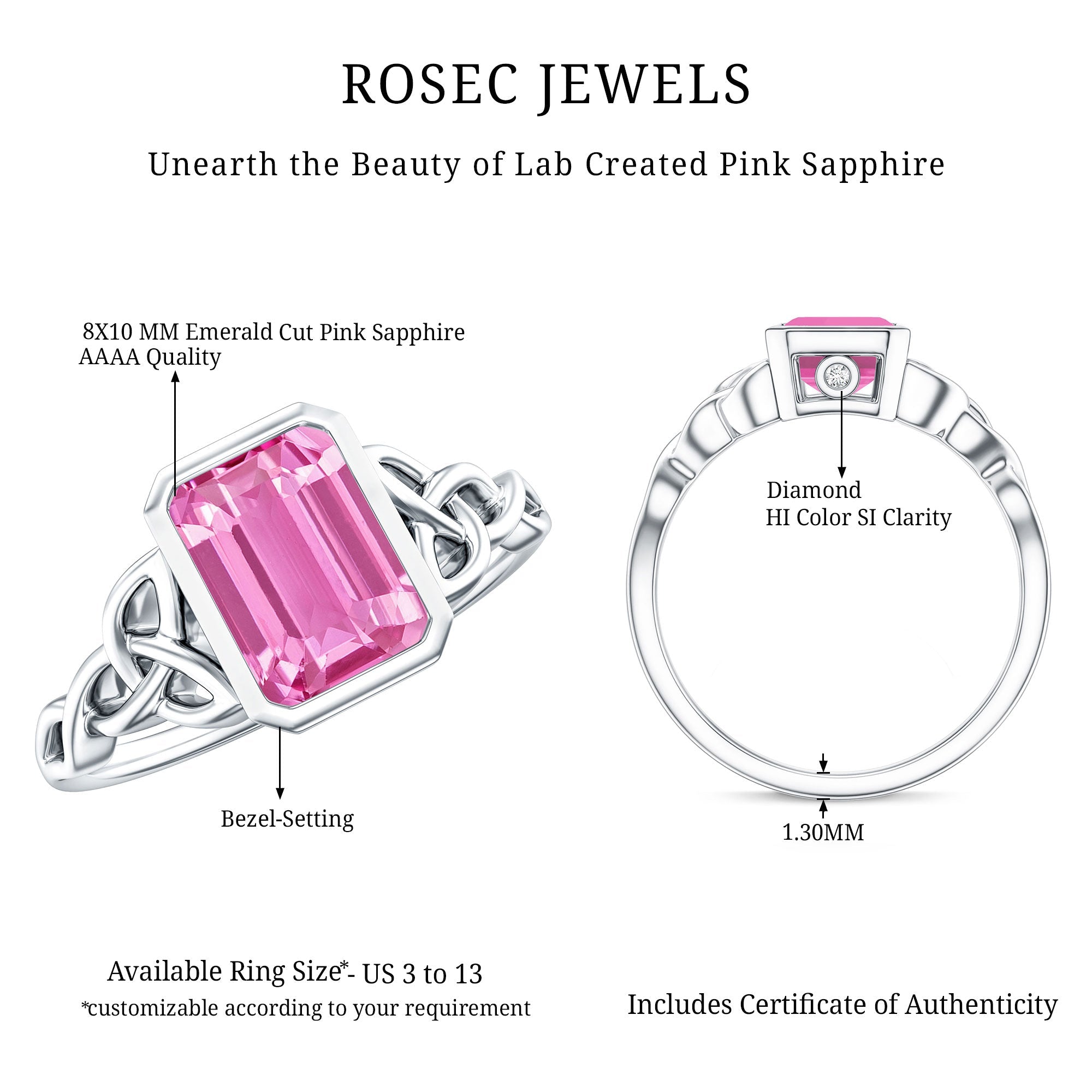 2.7 carat Emerald Cut Lab Created Pink Sapphire Celtic Engagement Ring