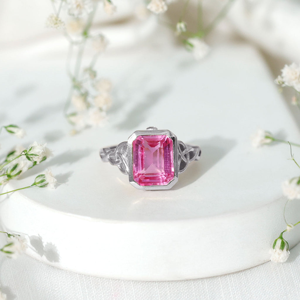 2.7 carat Emerald Cut Lab Created Pink Sapphire Celtic Engagement Ring
