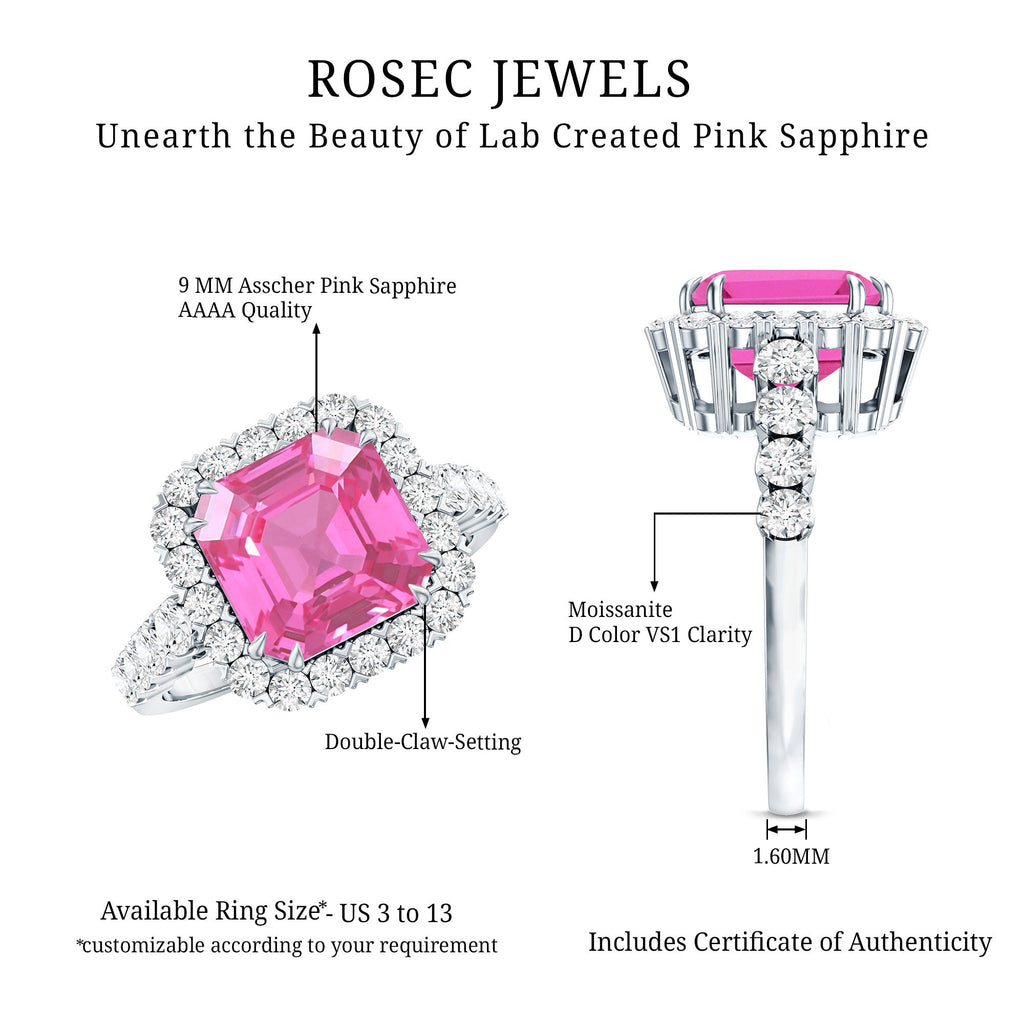 6.75 Carat Lab Grown Pink Sapphire Asscher Cut Engagement Ring with Moissanite Halo and double claw setting