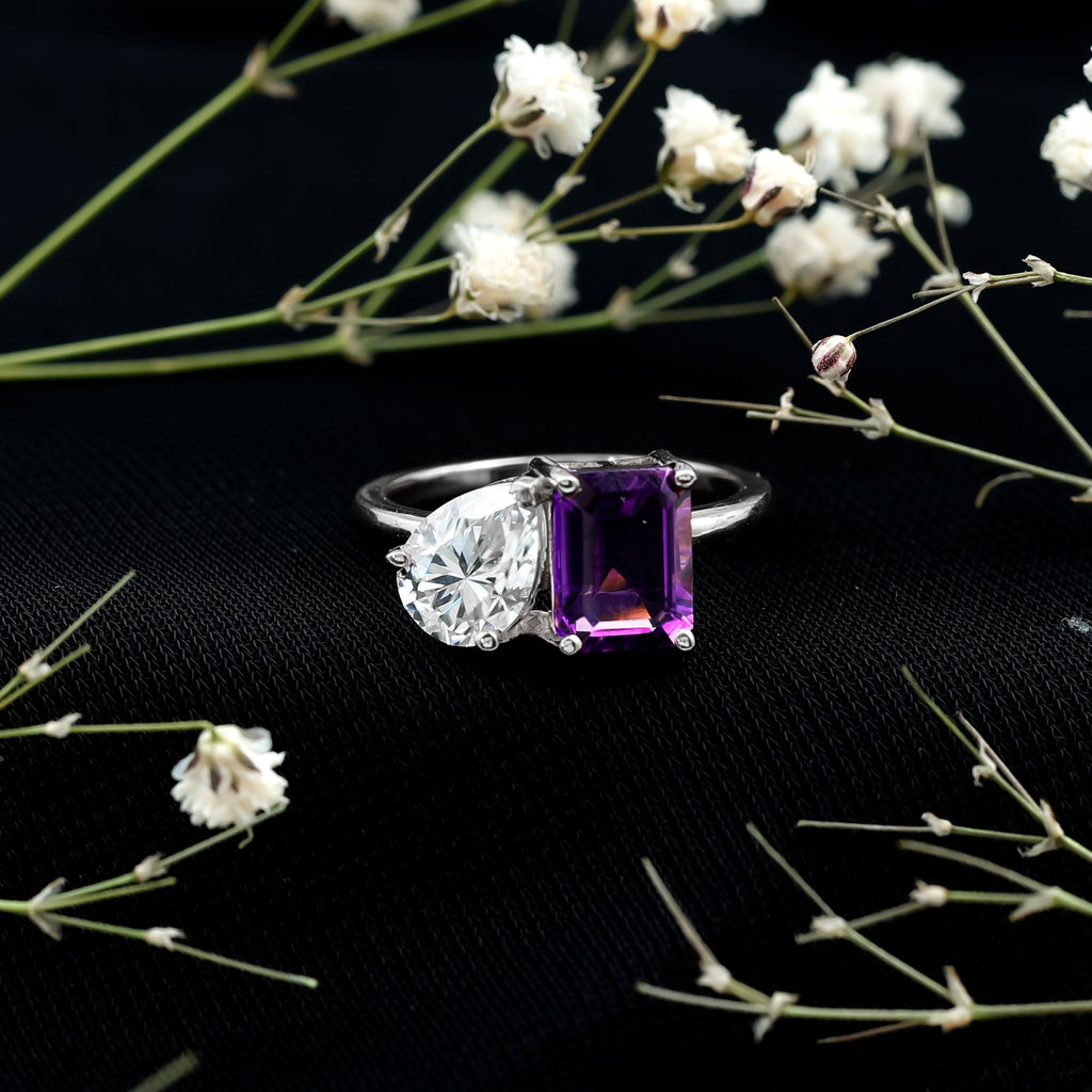 Certified Real Amethyst Toi Et Moi Engagement Ring with Moissanite