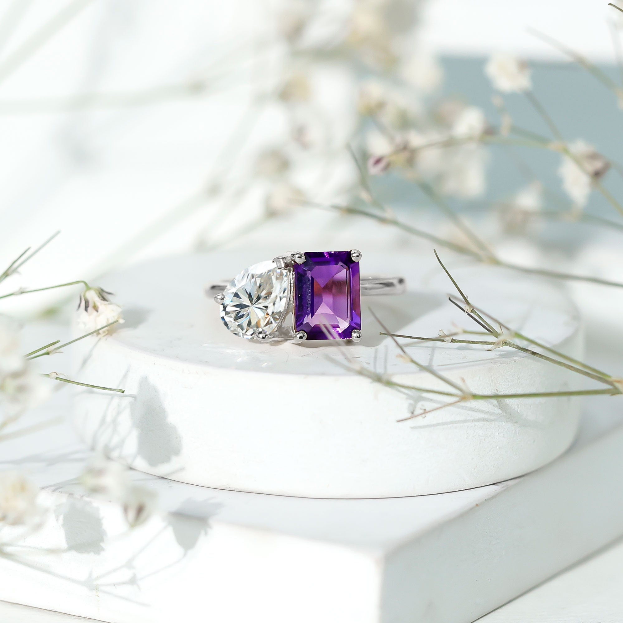 Certified Real Amethyst Toi Et Moi Engagement Ring with Moissanite