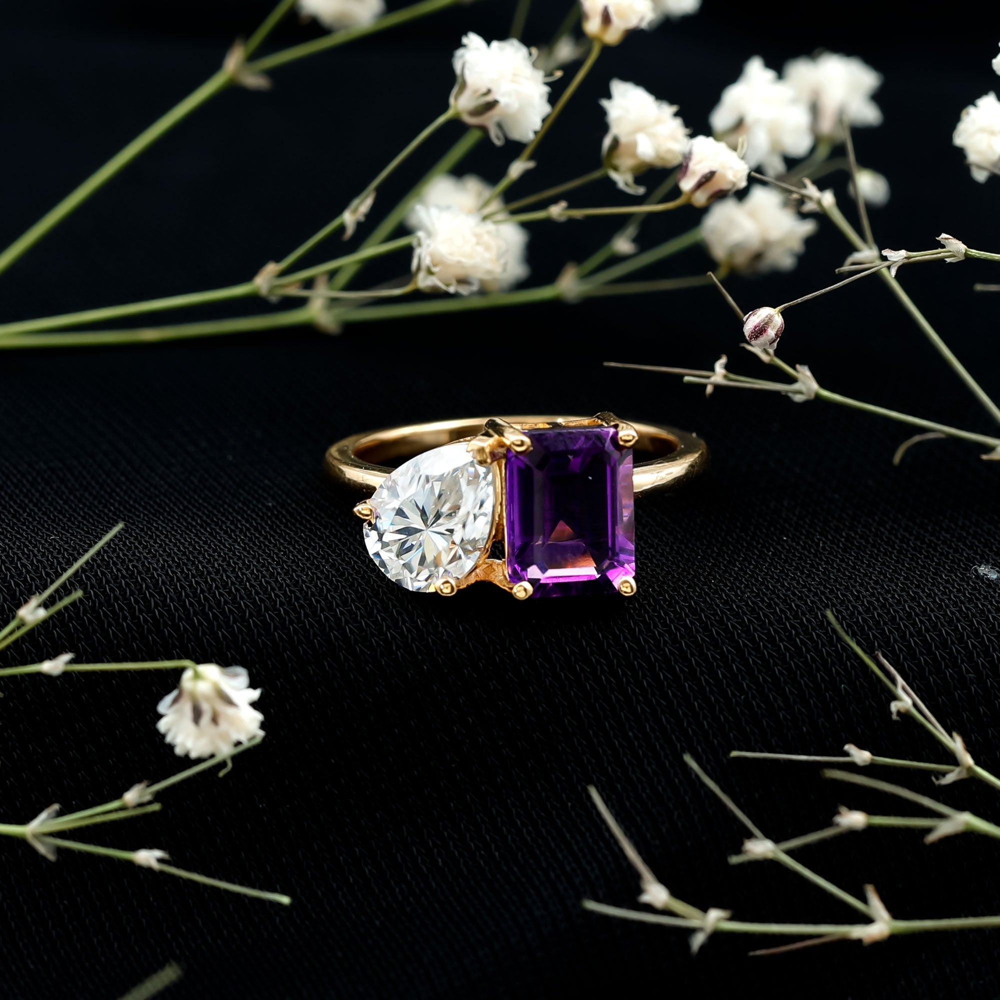 Certified Real Amethyst Toi Et Moi Engagement Ring with Moissanite