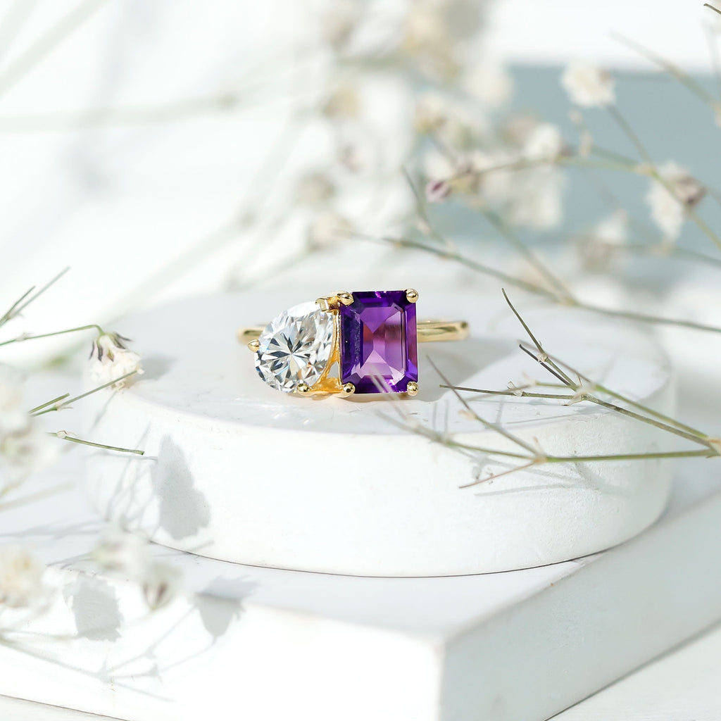 Certified Real Amethyst Toi Et Moi Engagement Ring with Moissanite