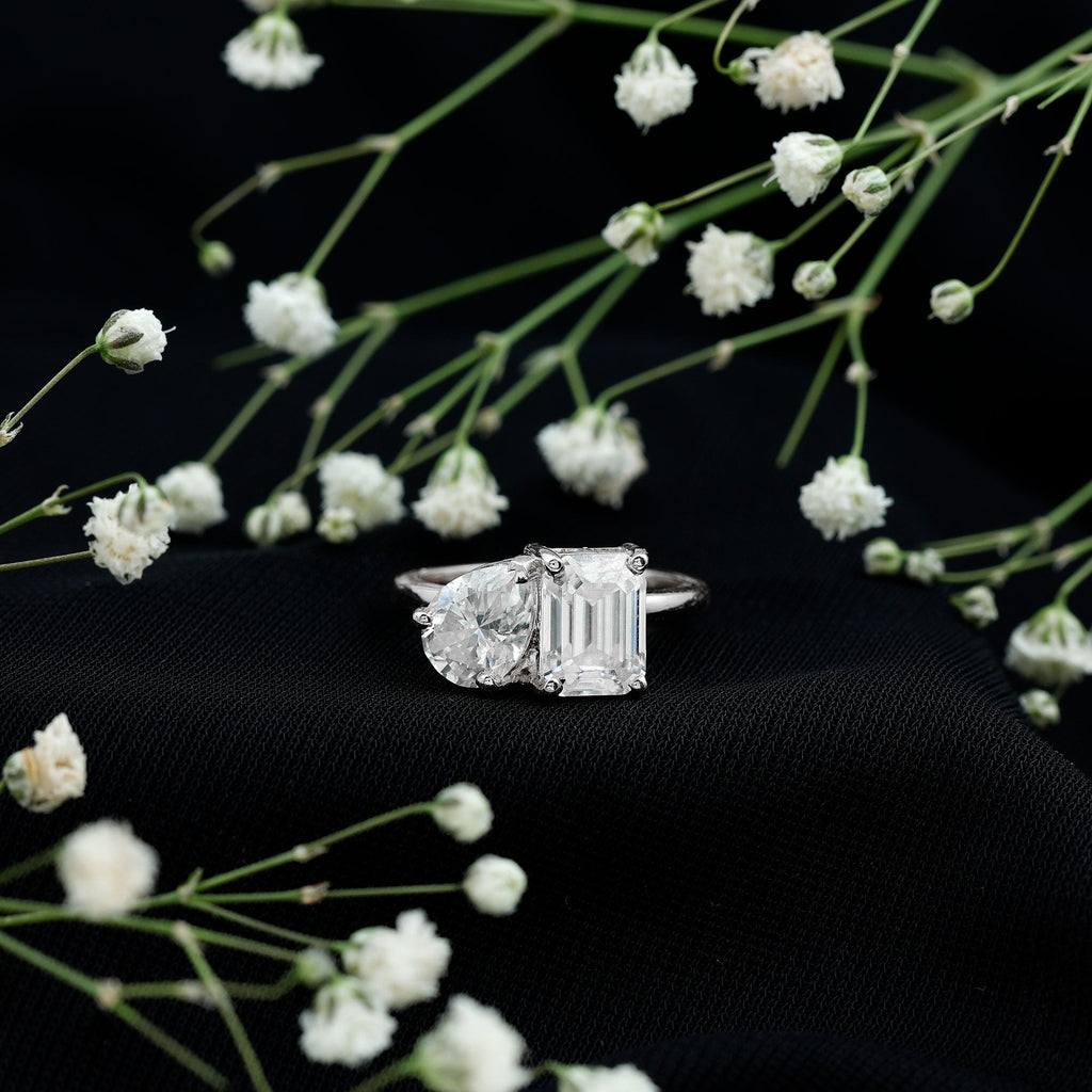 Pear and Emerald Cut Moissanite Toi Et Moi Engagement Ring