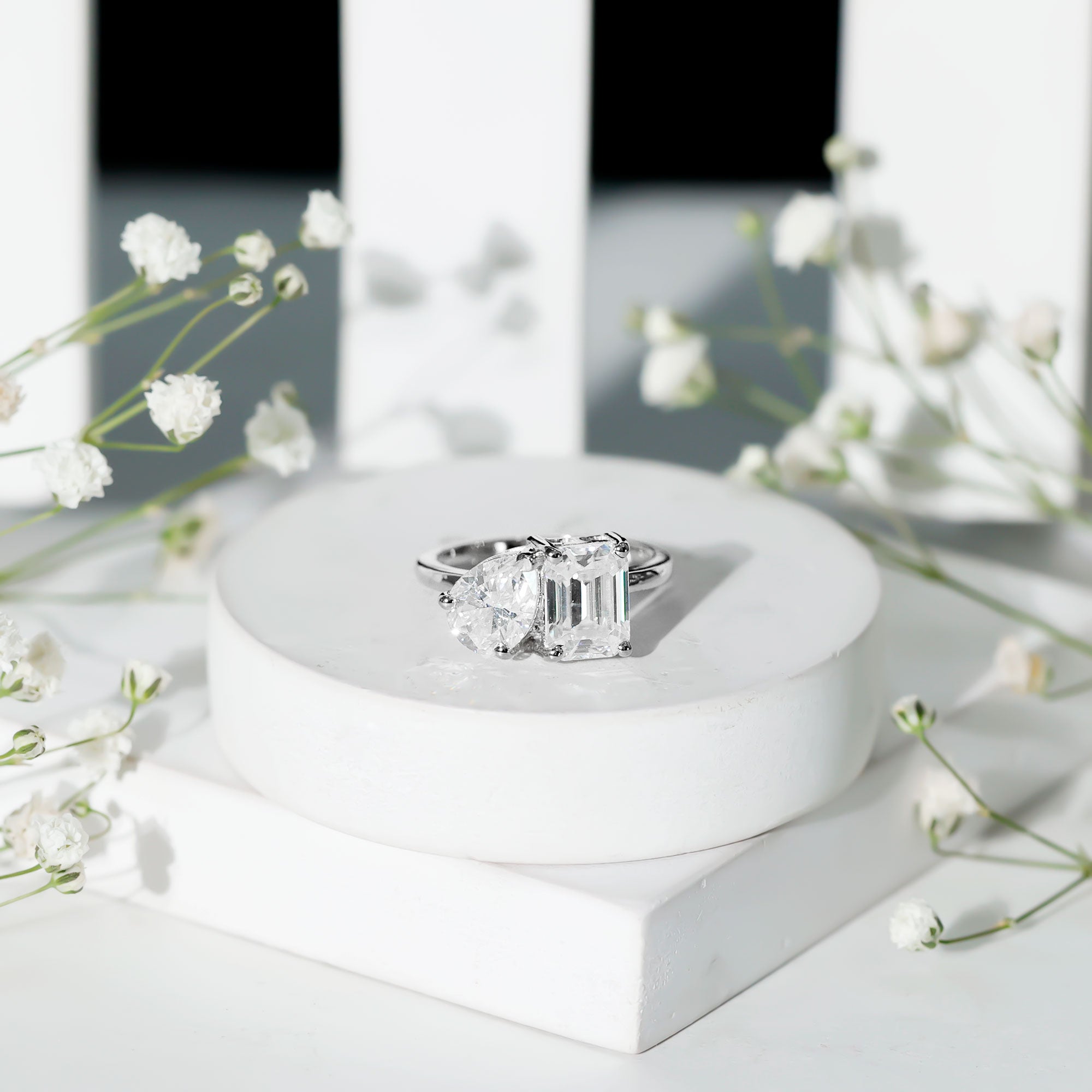 Pear and Emerald Cut Moissanite Toi Et Moi Engagement Ring