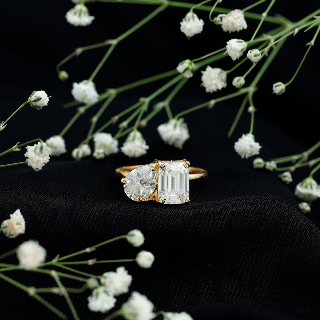 Pear and Emerald Cut Moissanite Toi Et Moi Engagement Ring
