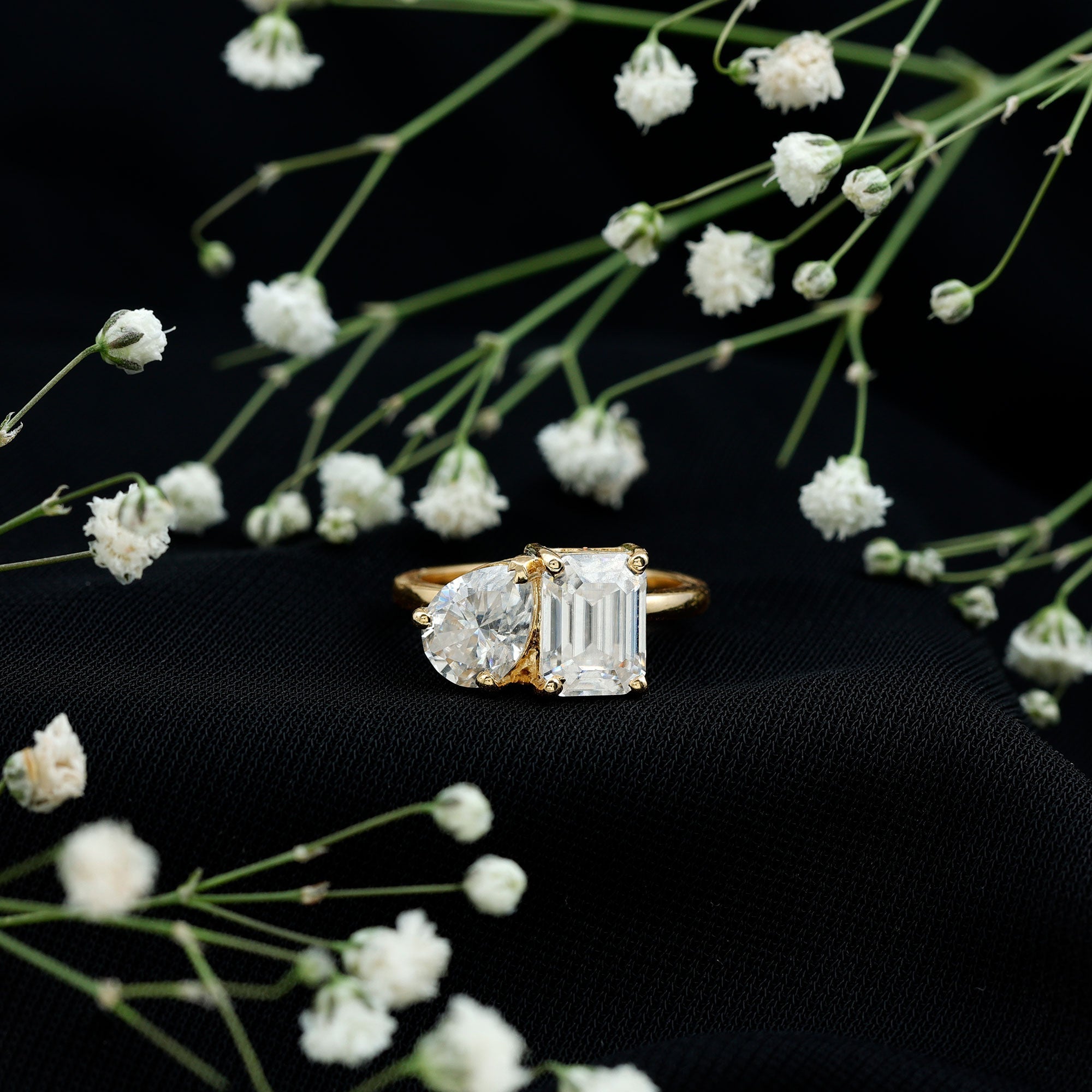 Pear and Emerald Cut Moissanite Toi Et Moi Engagement Ring