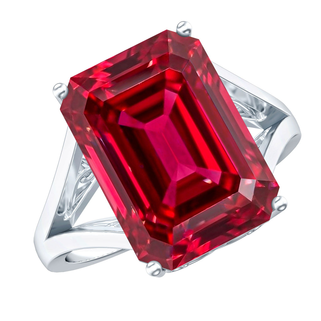 Lab Grown Ruby 5 Carat Emerald Cut Engagement Ring with Split Shank
