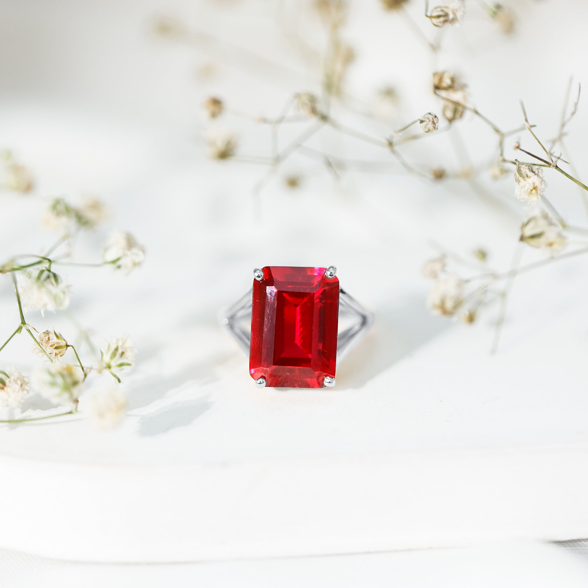 Lab Grown Ruby 5 Carat Emerald Cut Engagement Ring with Split Shank